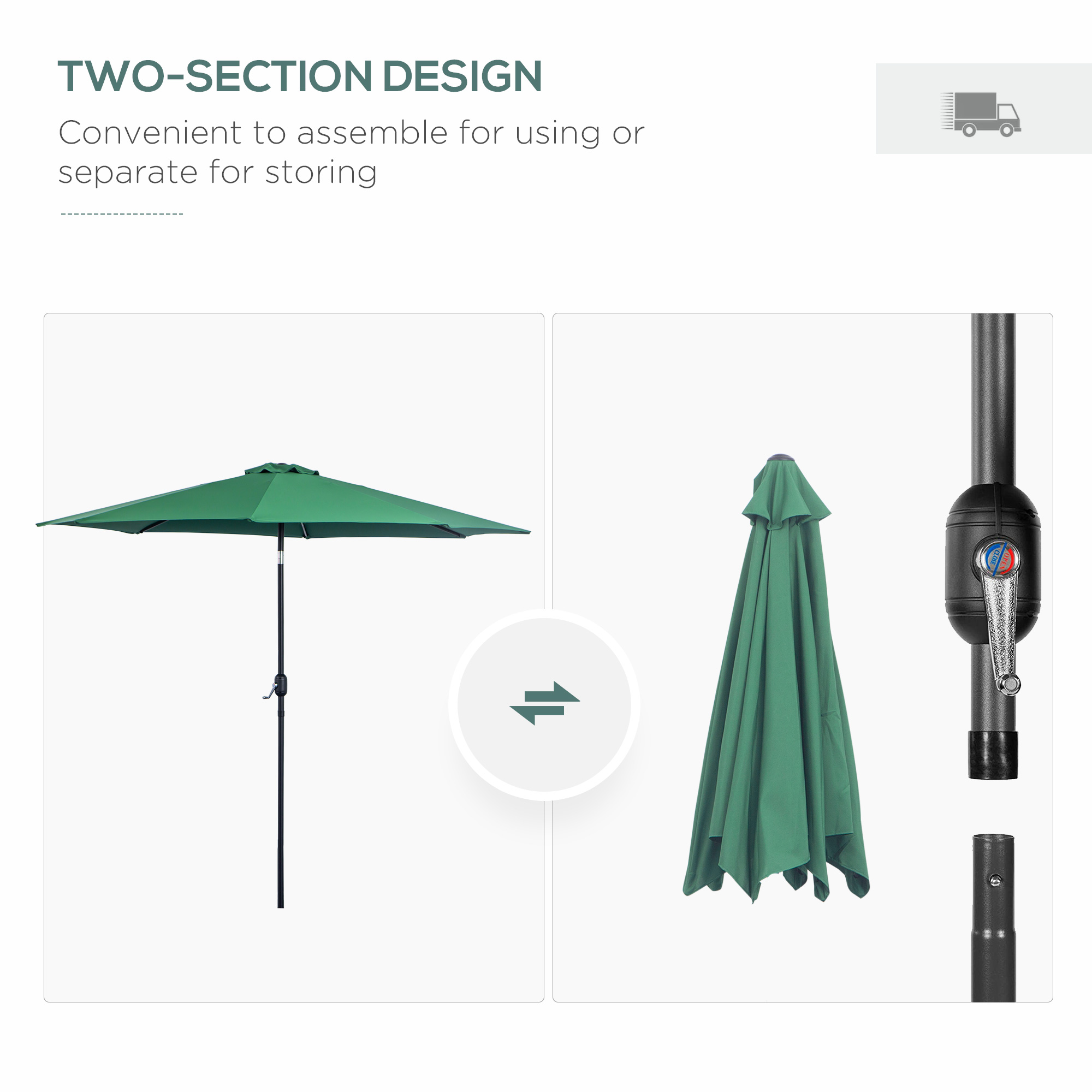 Outsunny Tilting Parasol, 3m Garden Umbrella with 8 Ribs, Tilt Function & Crank Handle for Outdoor Shade, Green