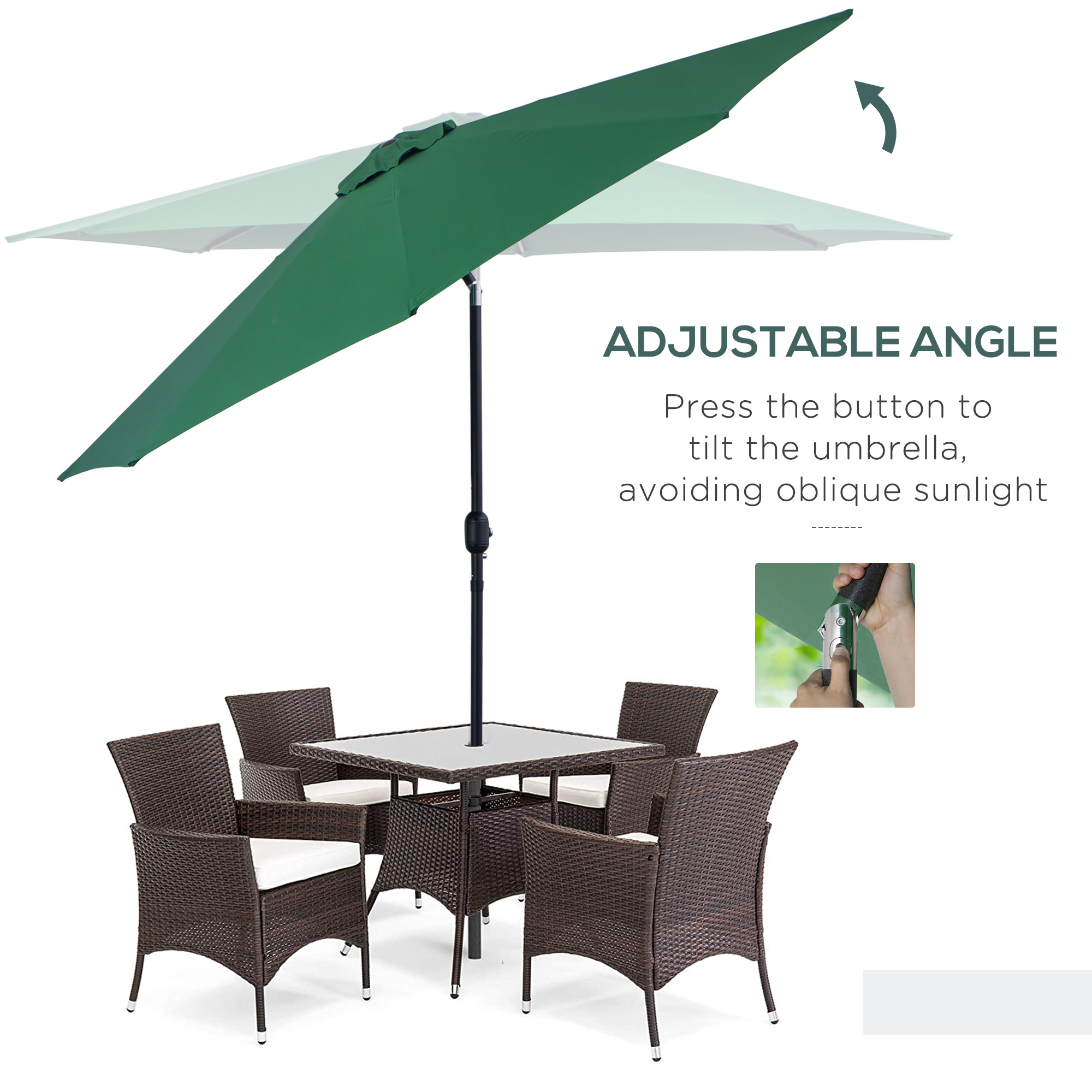 Outsunny Tilting Parasol, 3m Garden Umbrella with 8 Ribs, Tilt Function & Crank Handle for Outdoor Shade, Green