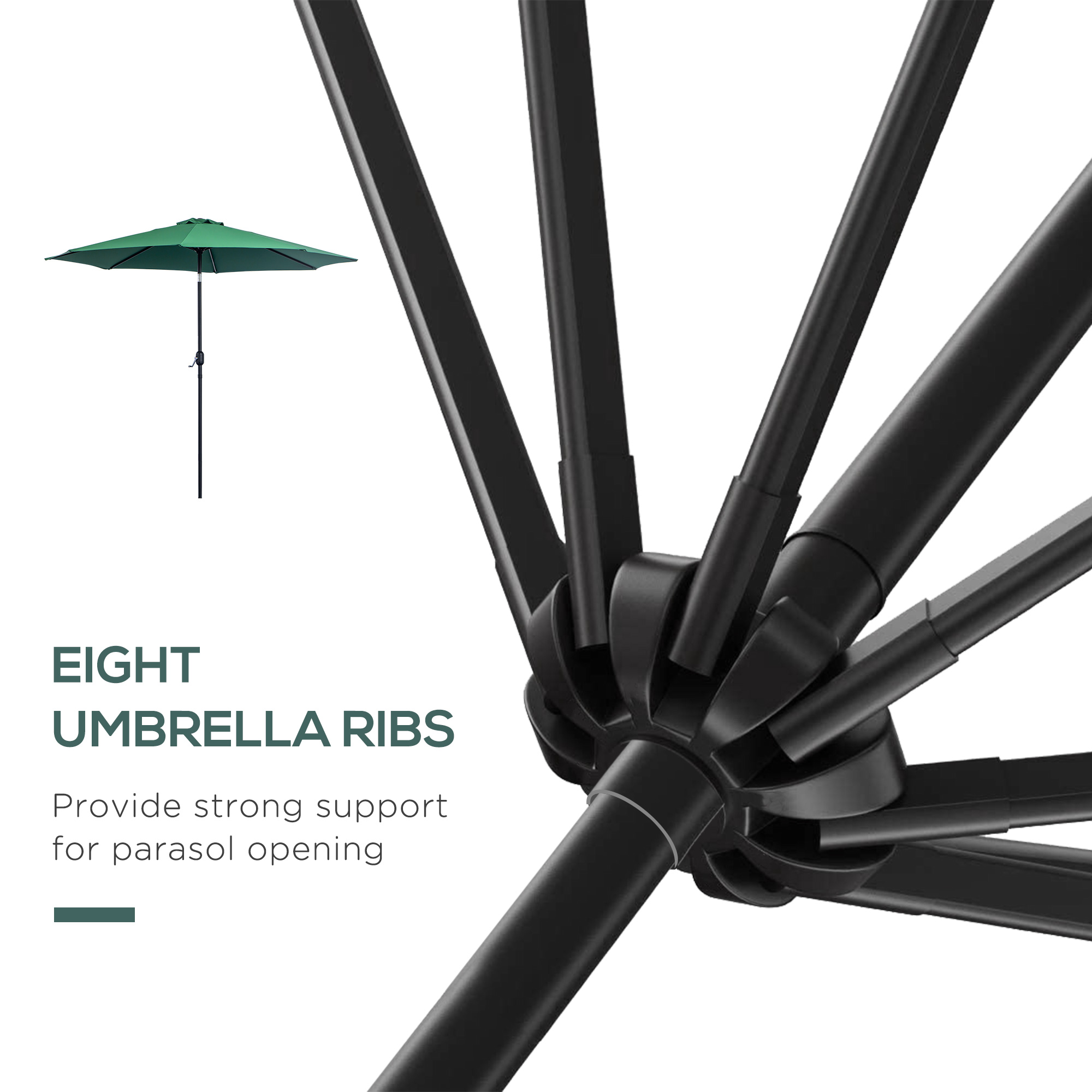 Outsunny Tilting Parasol, 3m Garden Umbrella with 8 Ribs, Tilt Function & Crank Handle for Outdoor Shade, Green