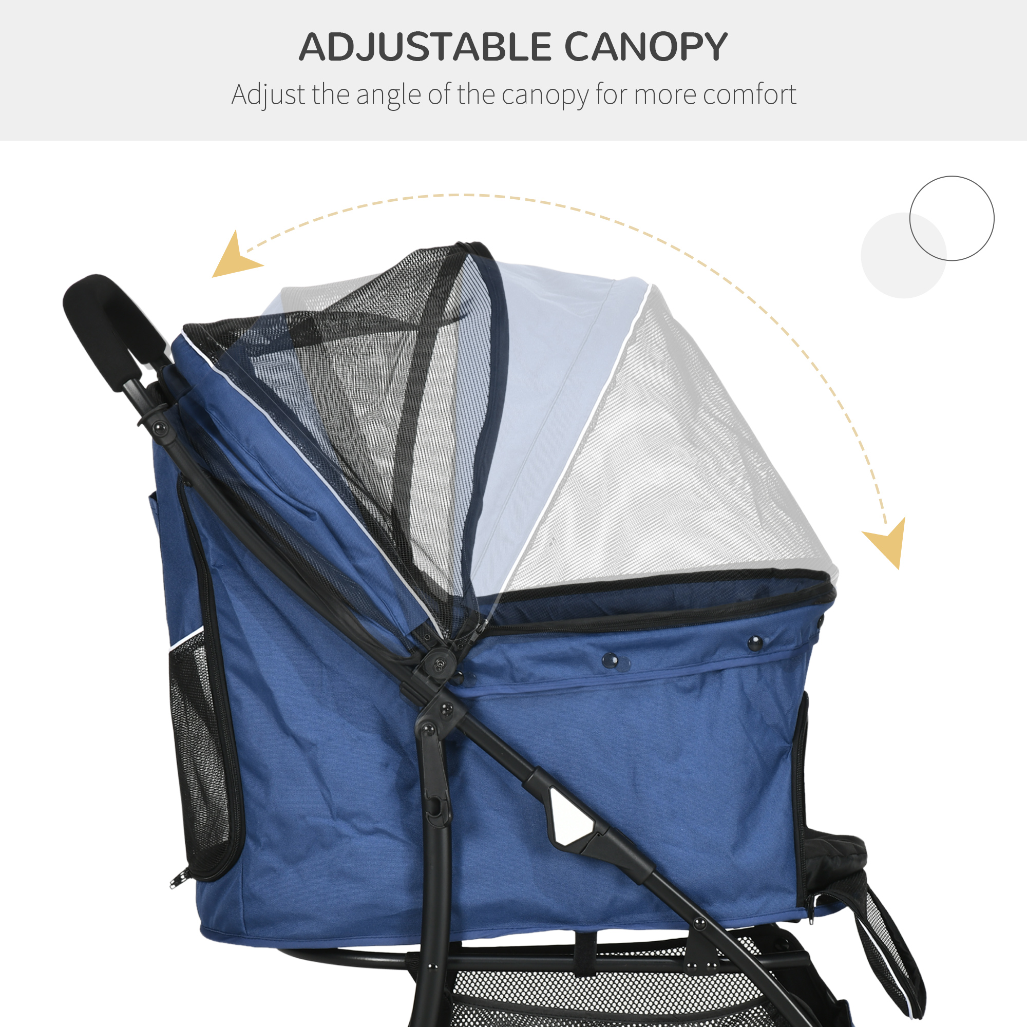 PawHut Foldable Pet Stroller, Dog Cat Travel Carriage with Universal Wheels, Brake Canopy, Basket Storage, Dark Blue.