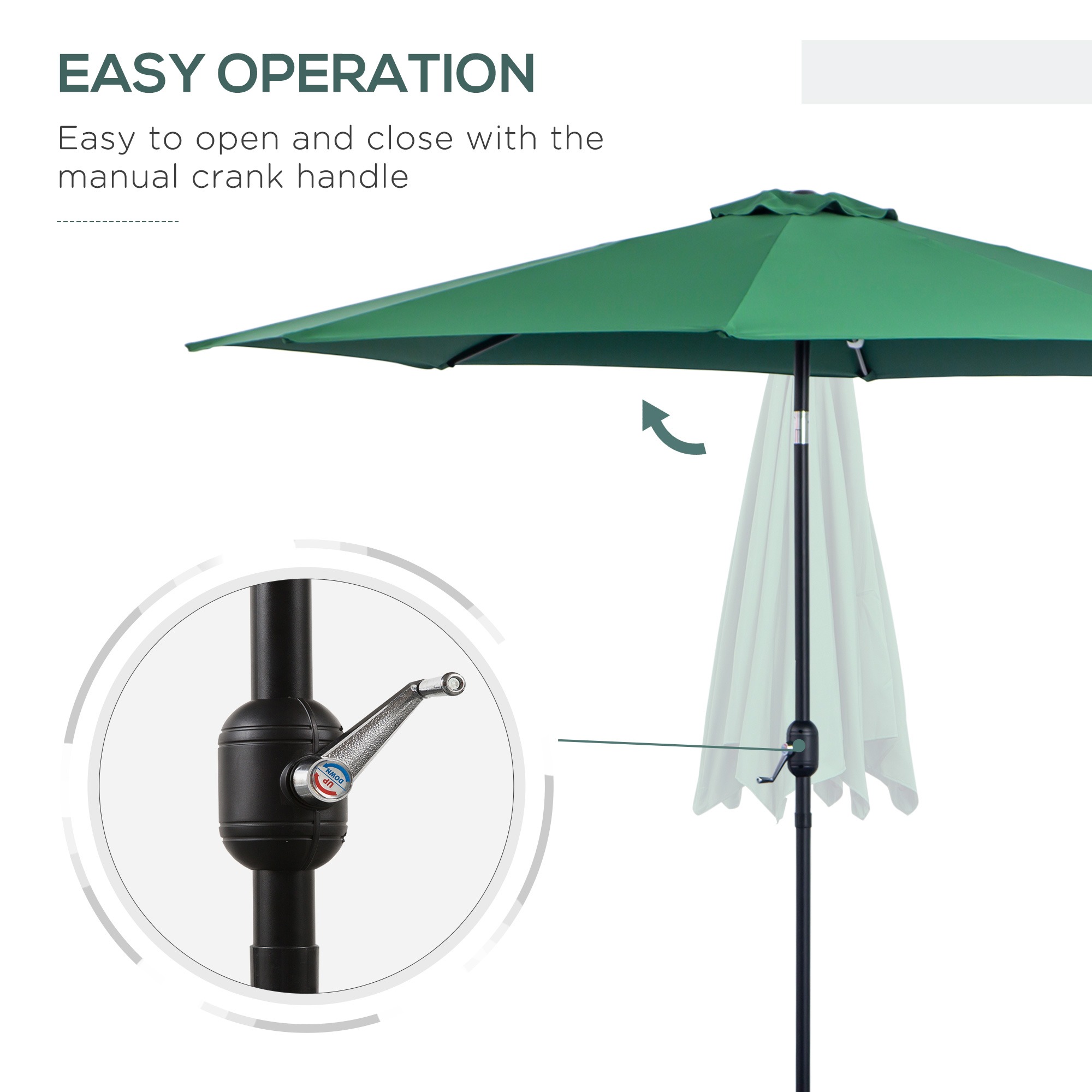 Outsunny Tilting Parasol, 3m Garden Umbrella with 8 Ribs, Tilt Function & Crank Handle for Outdoor Shade, Green