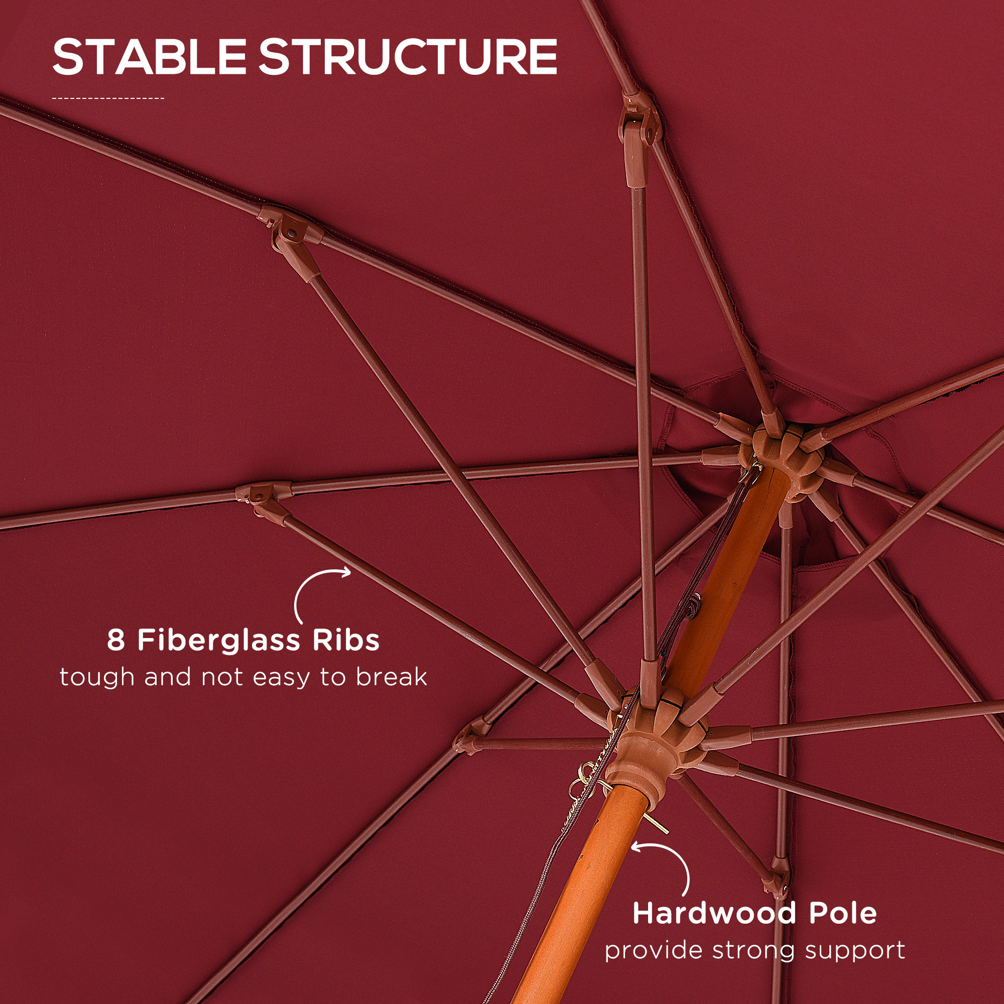 Outsunny 2.5m Wooden Garden Parasol, Sun Shade Patio Umbrella with Top Vent, Wine Red