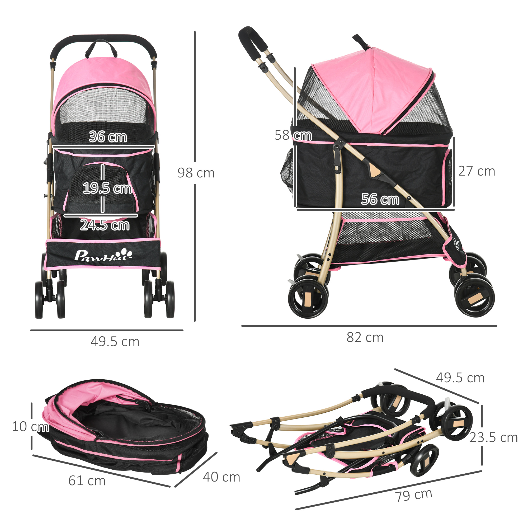PawHut 3-In-1 Detachable Pet Stroller, Dog Cat Travel Carriage with Foldable Carrying Bag, Universal Wheel Brake, Canopy, Basket, Pink
