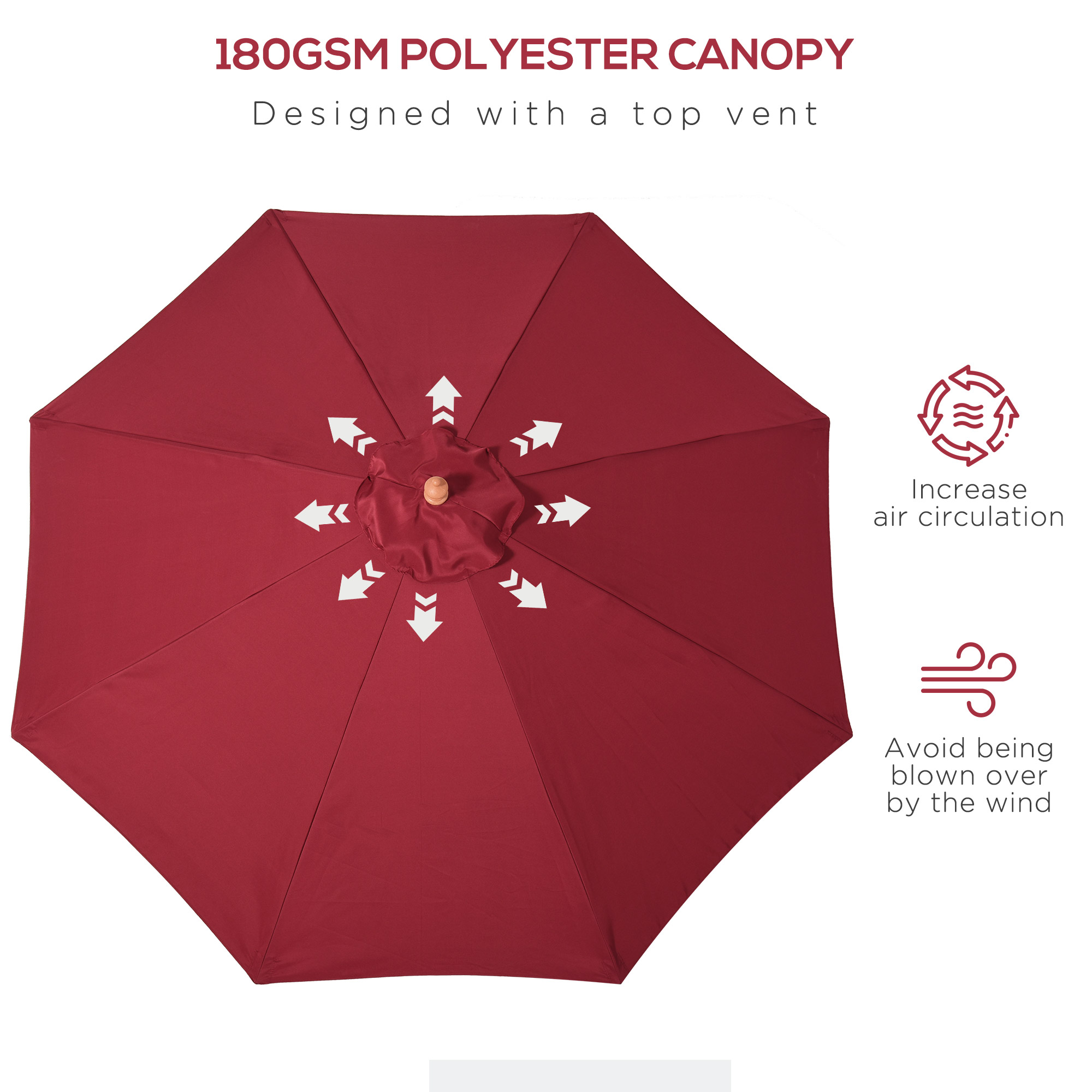 Outsunny 2.5m Wooden Garden Parasol, Sun Shade Patio Umbrella with Top Vent, Wine Red