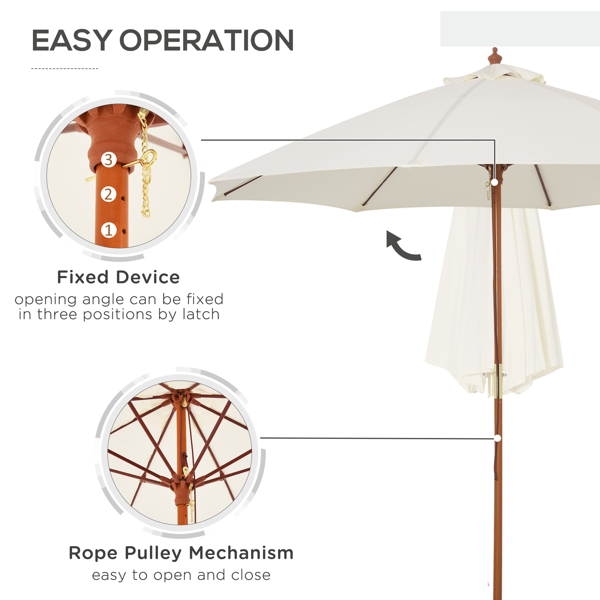 Outsunny 2.5m Wooden Garden Parasol, Sun Shade Patio Umbrella with Vent, Ideal for Outdoor Relaxation, Cream White