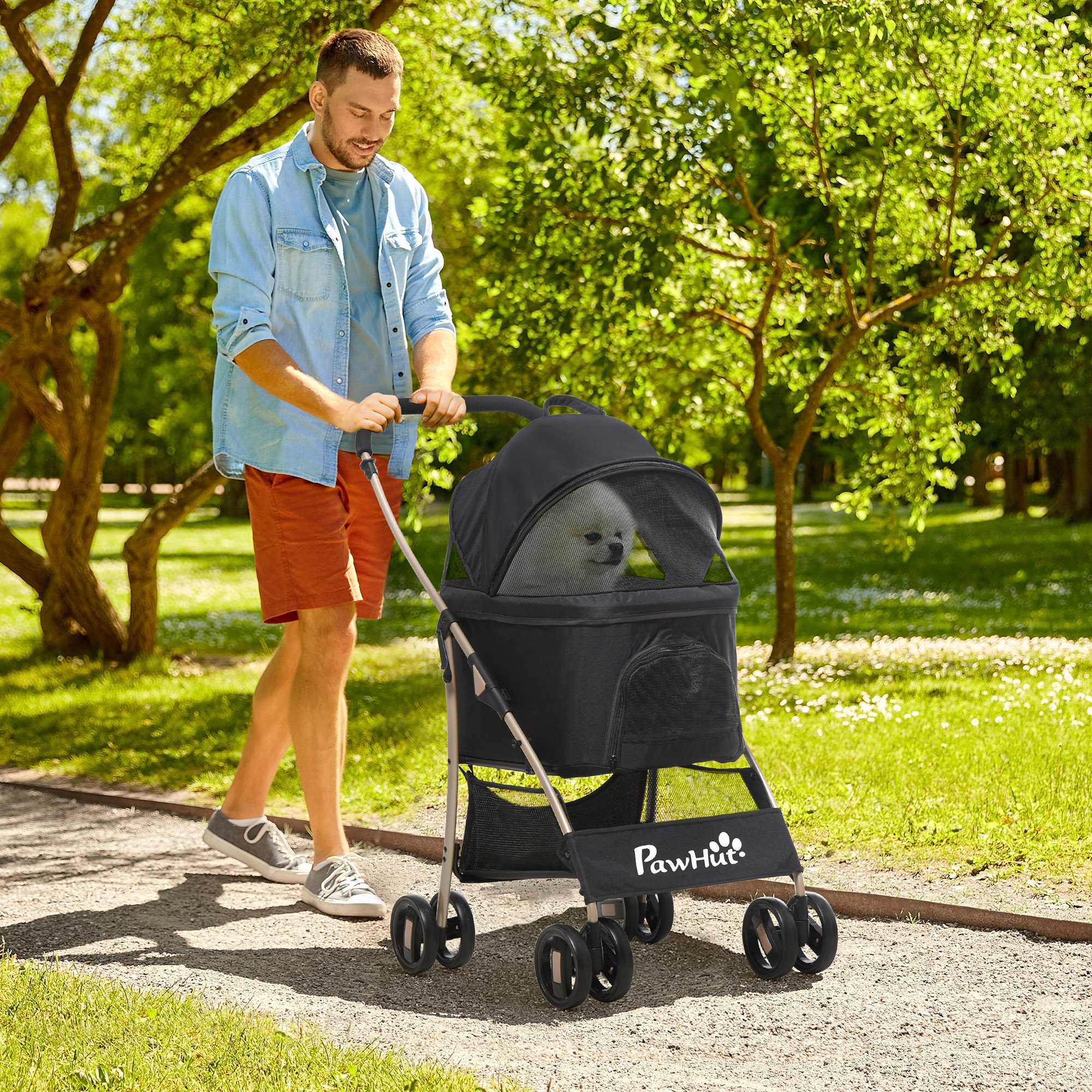 PawHut Detachable Pet Stroller, 3-In-1 Dog Cat Travel Carriage, Foldable with Universal Wheel Brake, Canopy Basket Storage Bag, Black