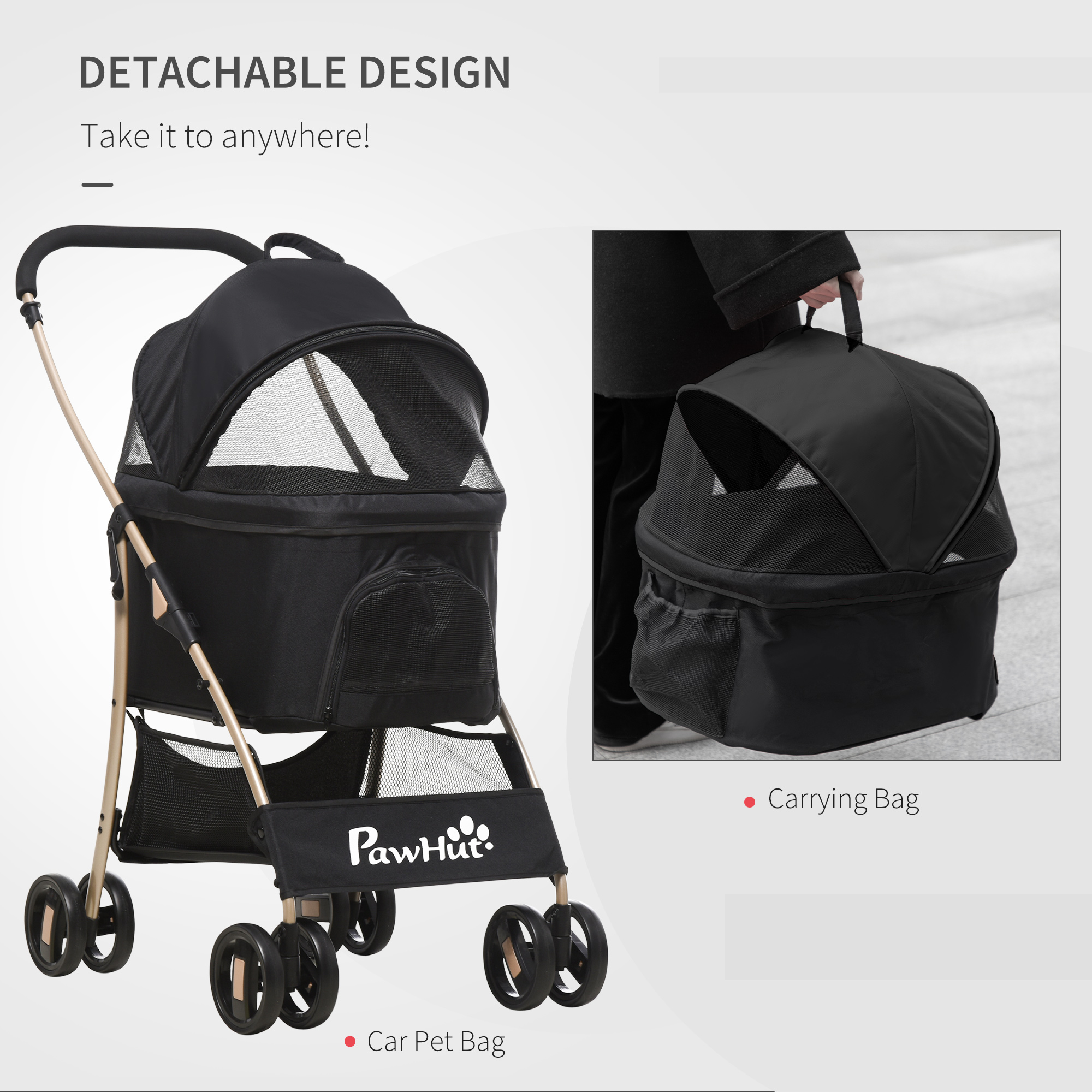 PawHut Detachable Pet Stroller, 3-In-1 Dog Cat Travel Carriage, Foldable with Universal Wheel Brake, Canopy Basket Storage Bag, Black