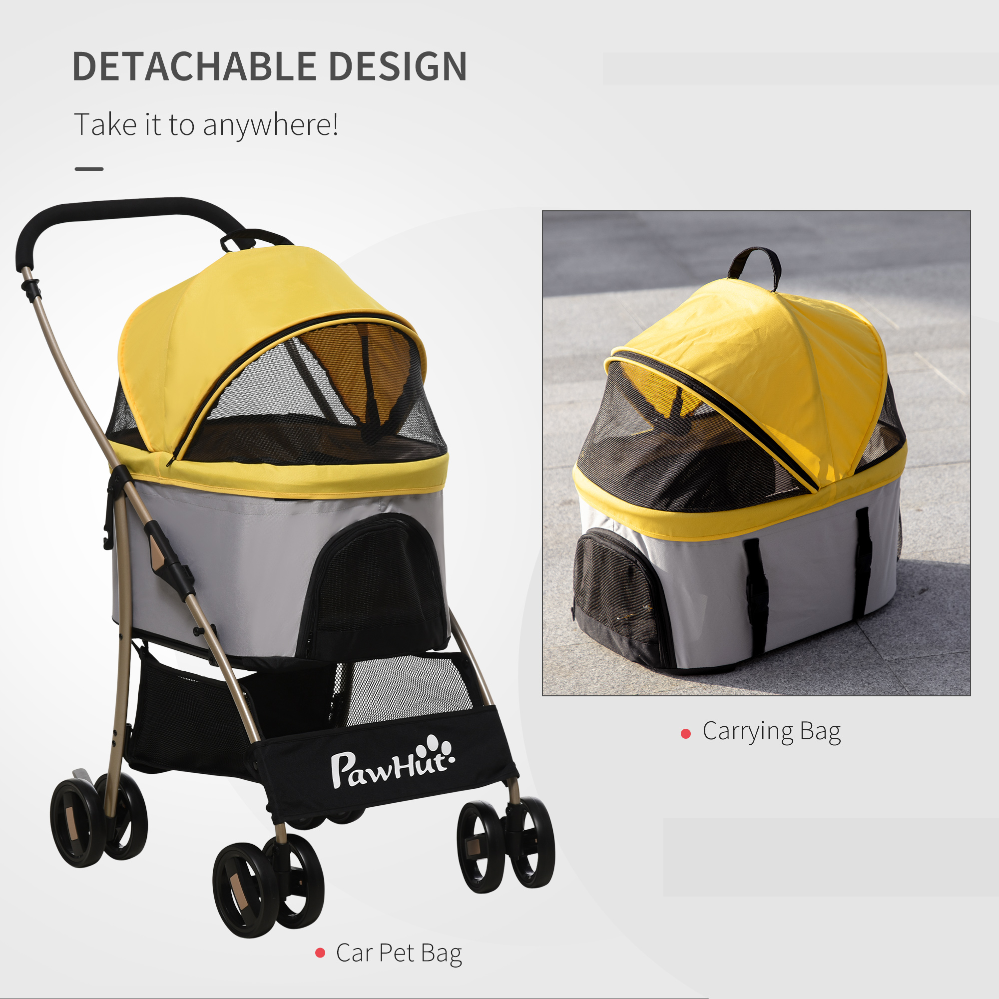 PawHut 3-In-1 Dog Pushchair, Detachable Pet Travel Stroller with Brake, Canopy, and Storage, Yellow