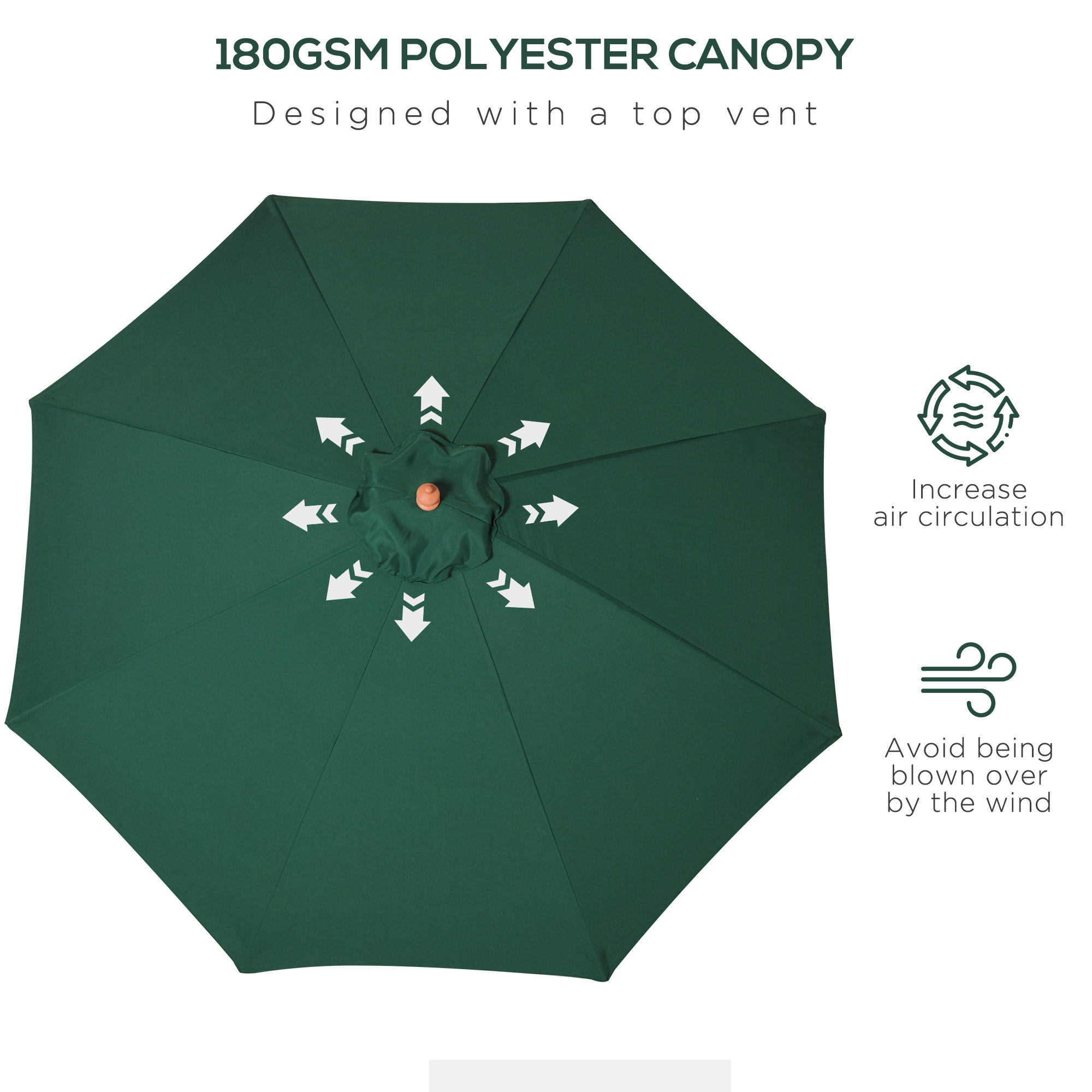 Outsunny Wooden Garden Parasol, 2.5m, Sun Shade for Patio, Ventilated Canopy, Outdoor Use, Dark Green