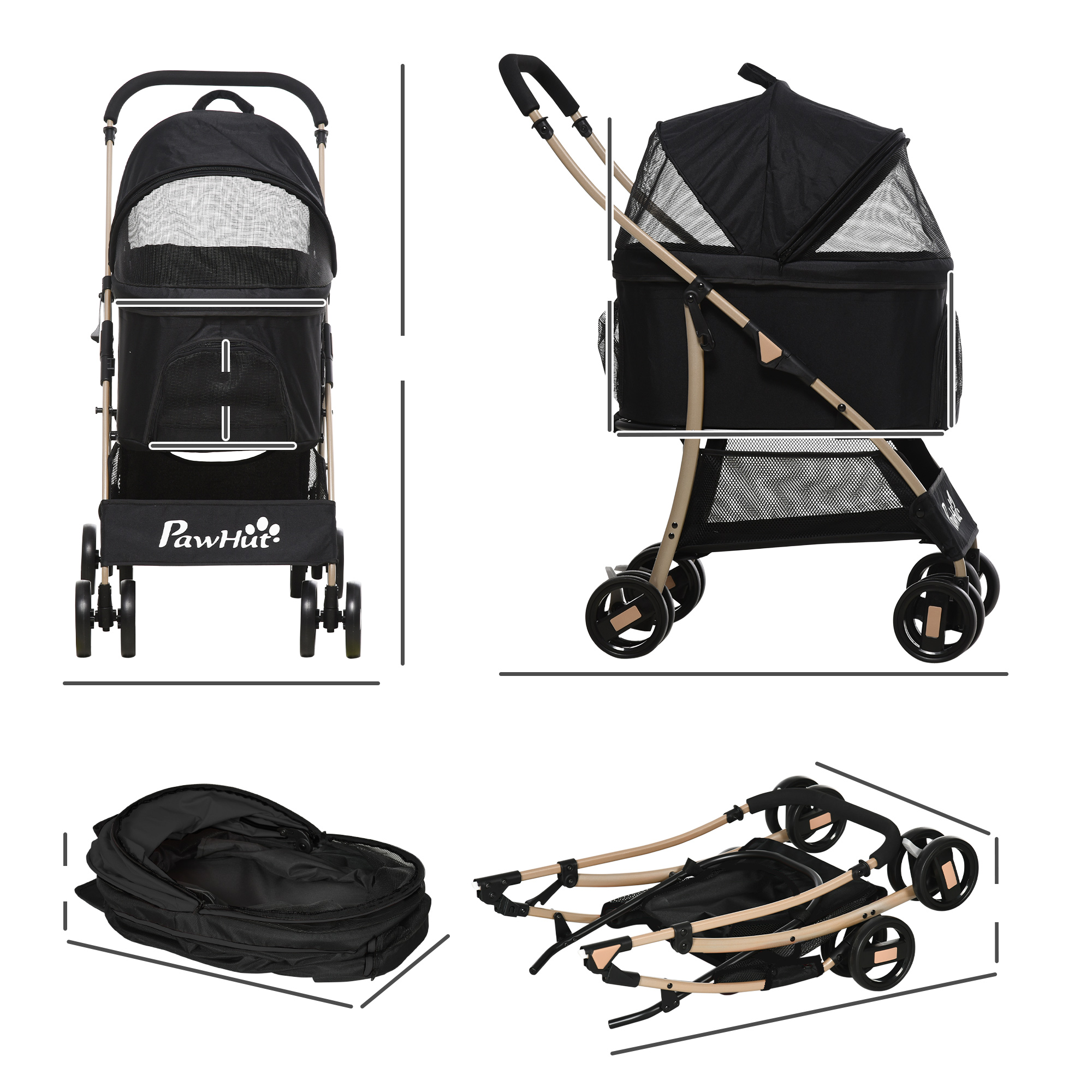 PawHut Detachable Pet Stroller, 3-In-1 Dog Cat Travel Carriage, Foldable with Universal Wheel Brake, Canopy Basket Storage Bag, Black