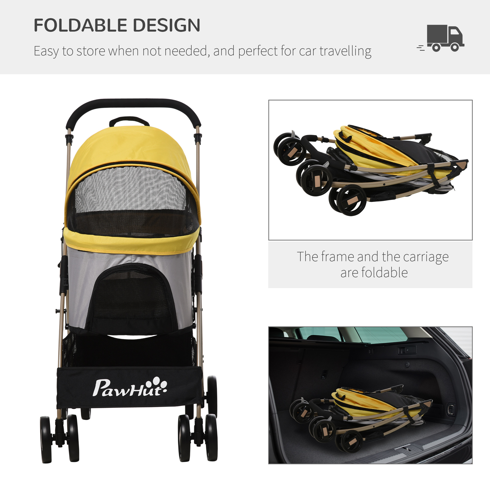 PawHut 3-In-1 Dog Pushchair, Detachable Pet Travel Stroller with Brake, Canopy, and Storage, Yellow