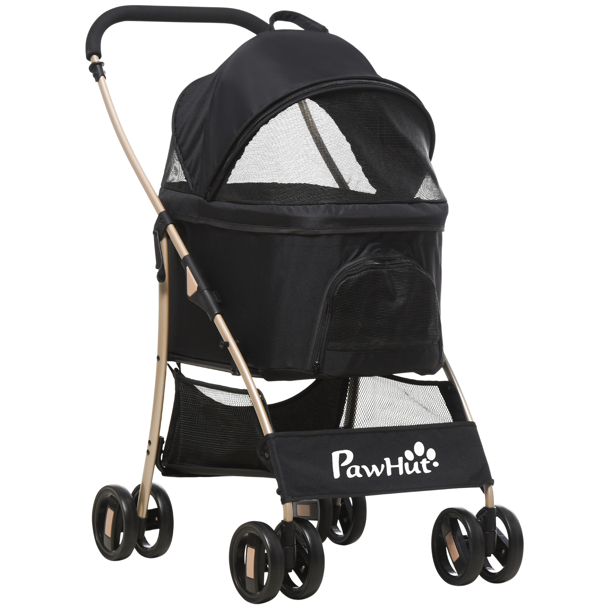 PawHut Detachable Pet Stroller, 3-In-1 Dog Cat Travel Carriage, Foldable with Universal Wheel Brake, Canopy Basket Storage Bag, Black