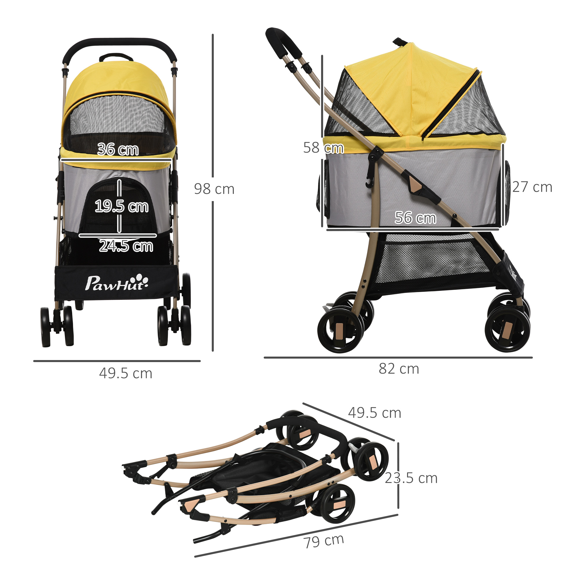 PawHut 3-In-1 Dog Pushchair, Detachable Pet Travel Stroller with Brake, Canopy, and Storage, Yellow