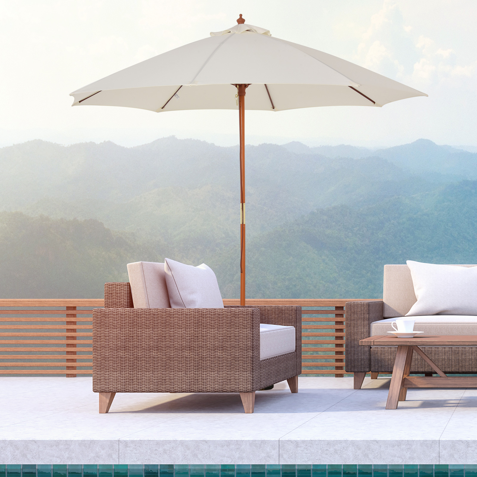 Outsunny 2.5m Wooden Garden Parasol, Sun Shade Patio Umbrella with Vent, Ideal for Outdoor Relaxation, Cream White