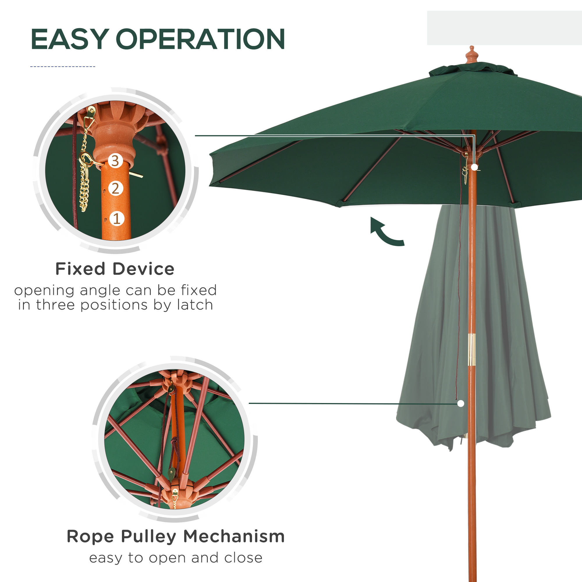 Outsunny Wooden Garden Parasol, 2.5m, Sun Shade for Patio, Ventilated Canopy, Outdoor Use, Dark Green