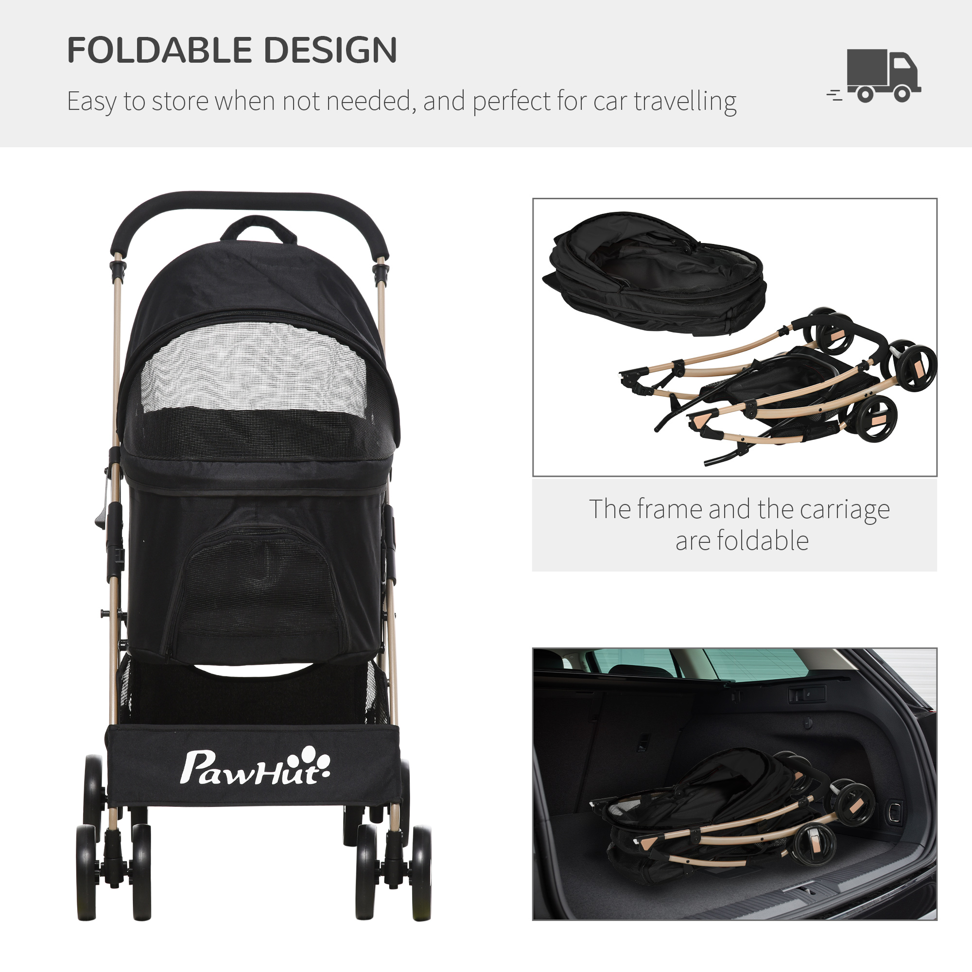 PawHut Detachable Pet Stroller, 3-In-1 Dog Cat Travel Carriage, Foldable with Universal Wheel Brake, Canopy Basket Storage Bag, Black