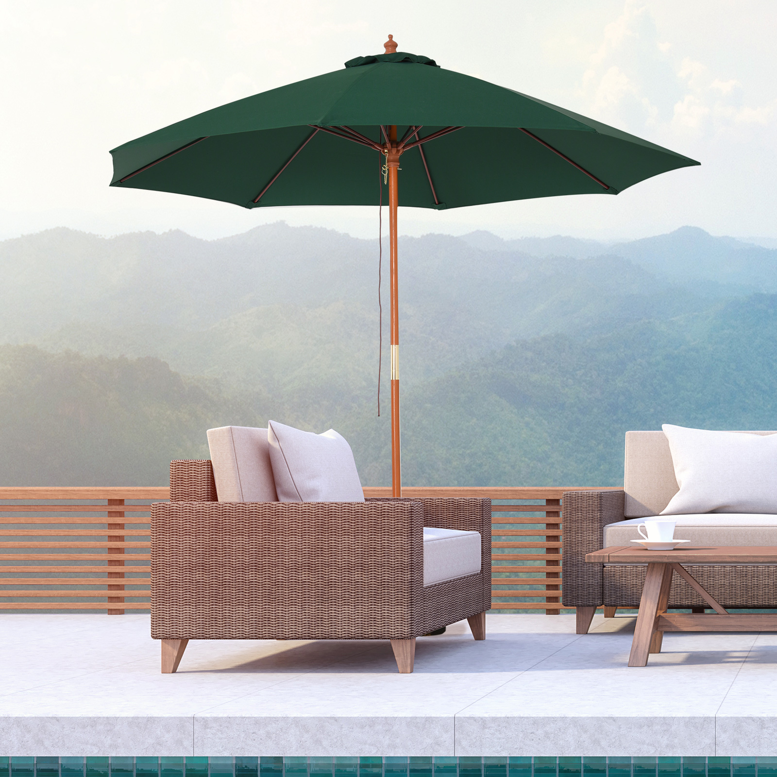 Outsunny Wooden Garden Parasol, 2.5m, Sun Shade for Patio, Ventilated Canopy, Outdoor Use, Dark Green