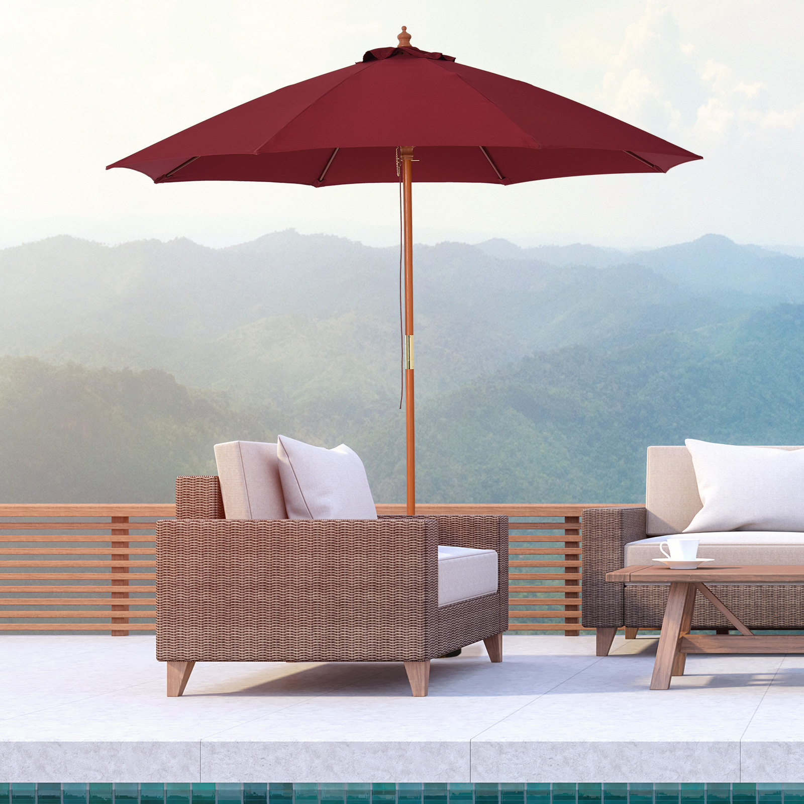 Outsunny 2.5m Wooden Garden Parasol, Sun Shade Patio Umbrella with Top Vent, Wine Red