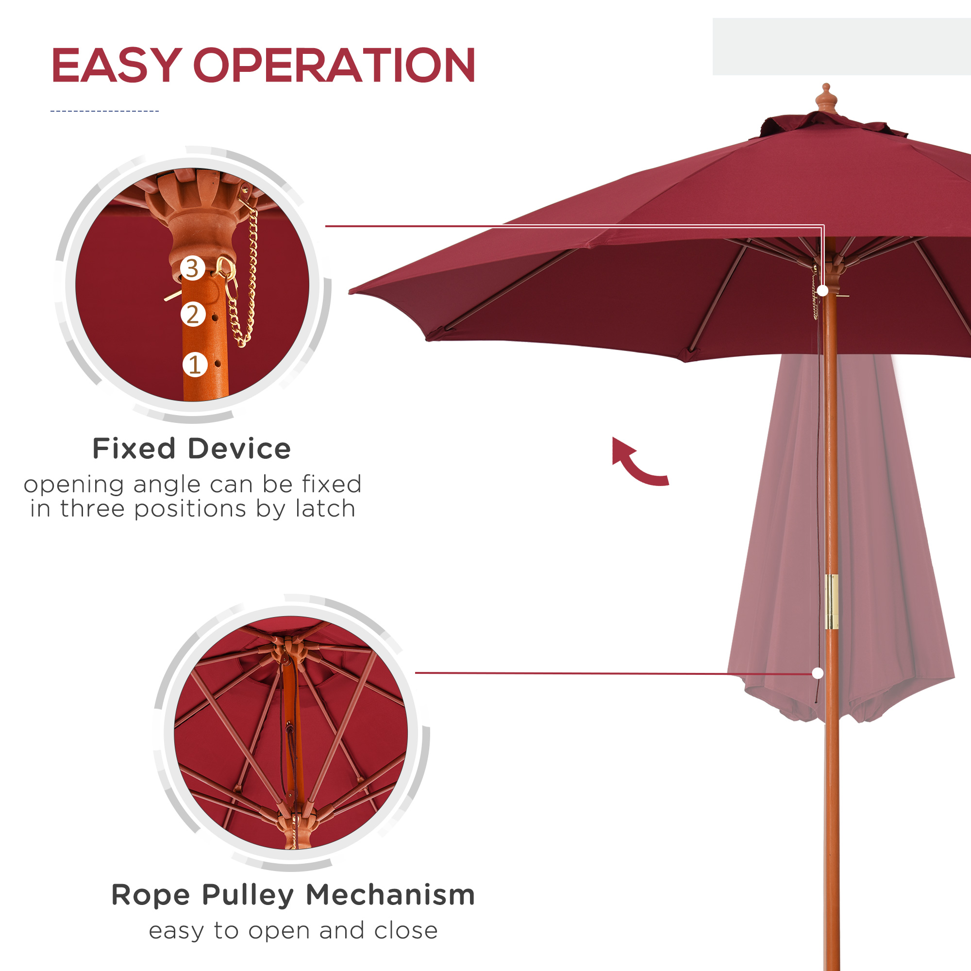 Outsunny 2.5m Wooden Garden Parasol, Sun Shade Patio Umbrella with Top Vent, Wine Red