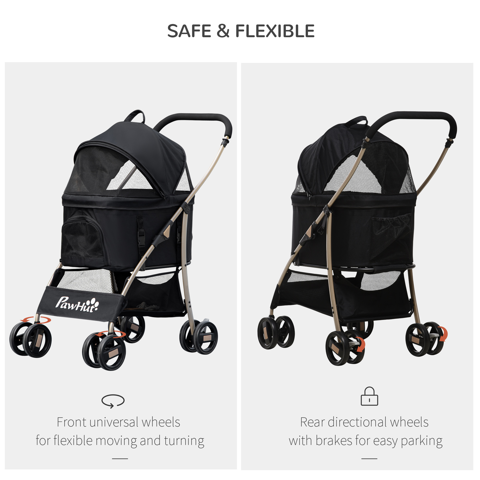 PawHut Detachable Pet Stroller, 3-In-1 Dog Cat Travel Carriage, Foldable with Universal Wheel Brake, Canopy Basket Storage Bag, Black