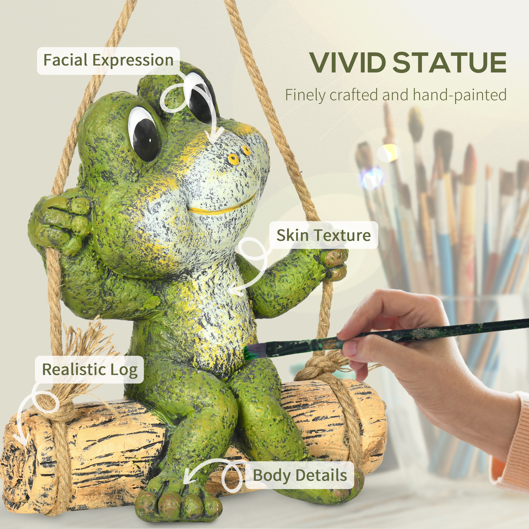Outsunny Hanging GardenÂ Statue, Vivid Frog on Swing Art Sculpture, Outdoor Ornament Home Decoration, Green