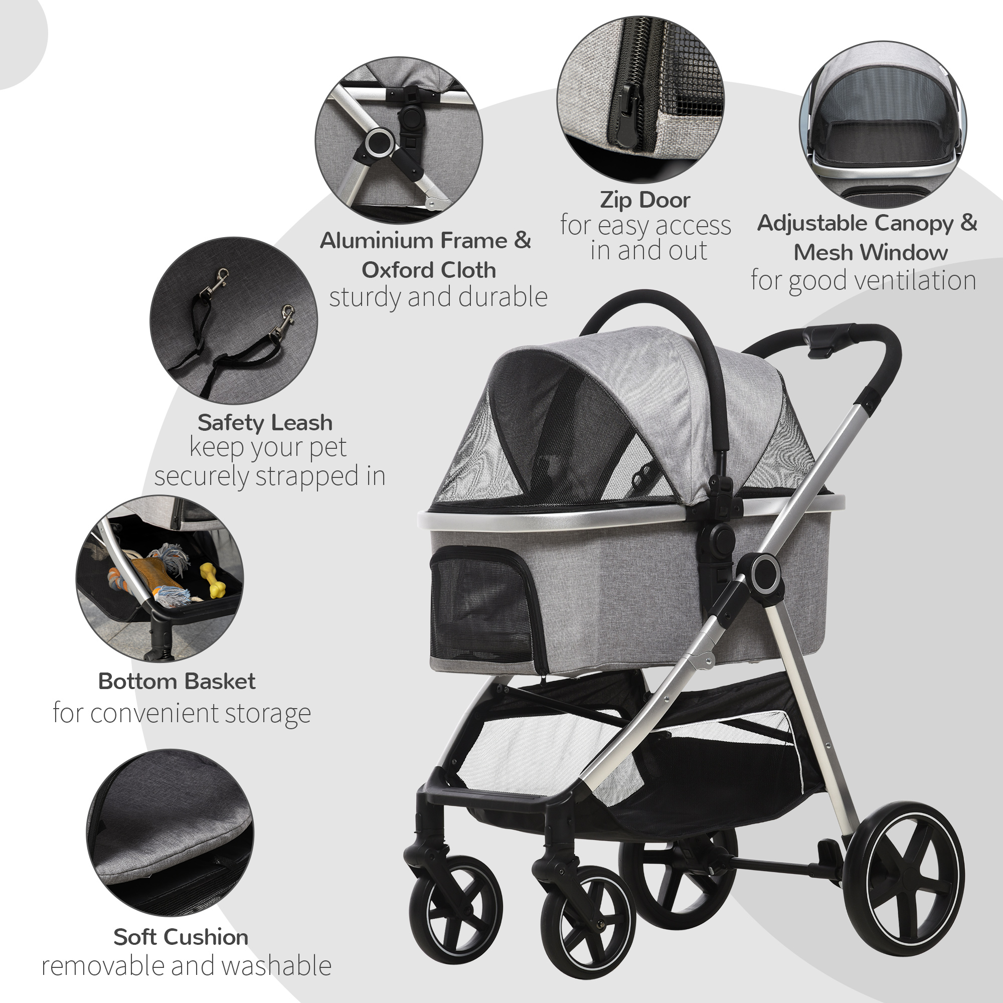 PawHut Pet Stroller, 3-In-1 Foldable Dog Cat Travel Pushchair, Car Seat with EVA Wheels, Basket, Safety Leash, Cushion, Light Grey