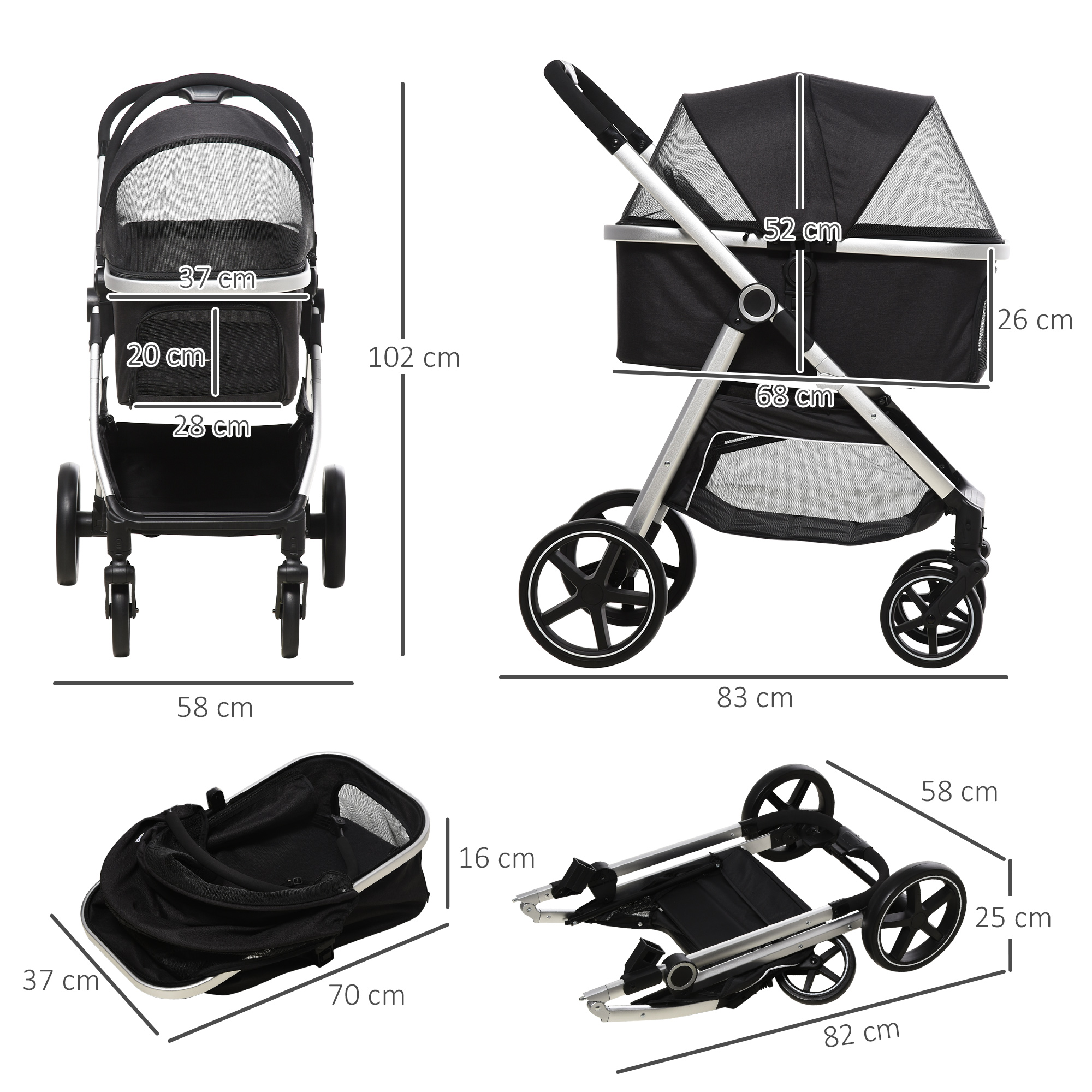 PawHut Foldable Dog Pushchair, 3 in 1, Detachable Travel Stroller with EVA Wheels, Adjustable Canopy, Safety Leash, Cushion, Black
