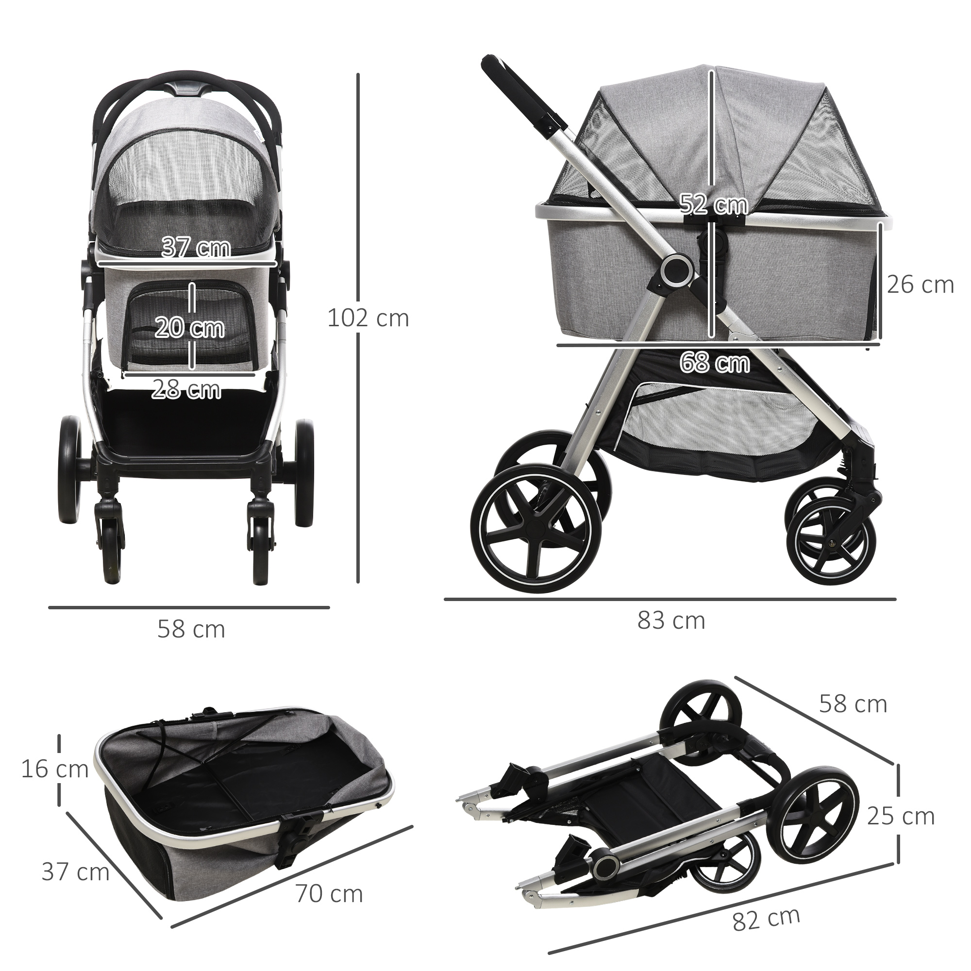 PawHut Pet Stroller, 3-In-1 Foldable Dog Cat Travel Pushchair, Car Seat with EVA Wheels, Basket, Safety Leash, Cushion, Light Grey