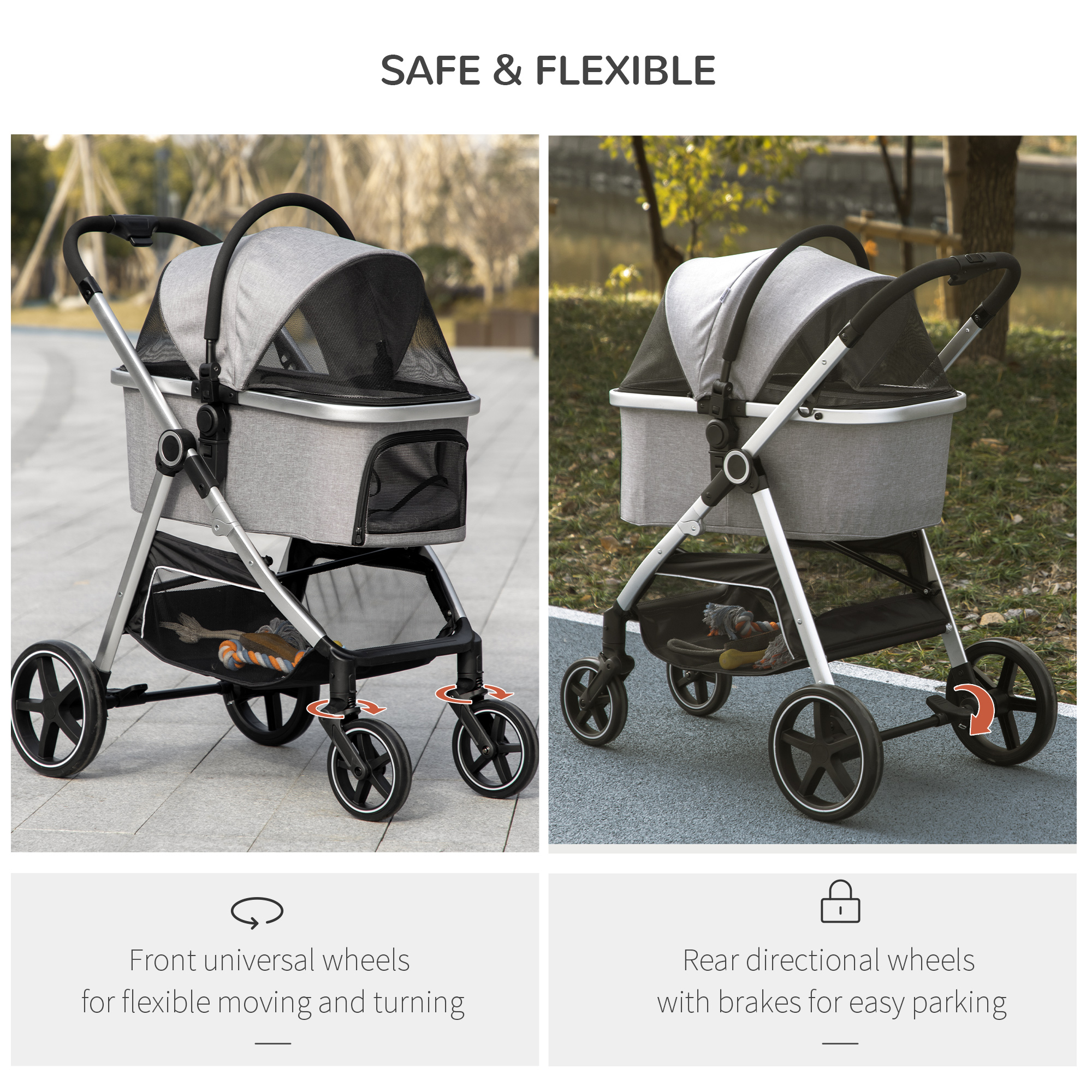 PawHut Pet Stroller, 3-In-1 Foldable Dog Cat Travel Pushchair, Car Seat with EVA Wheels, Basket, Safety Leash, Cushion, Light Grey