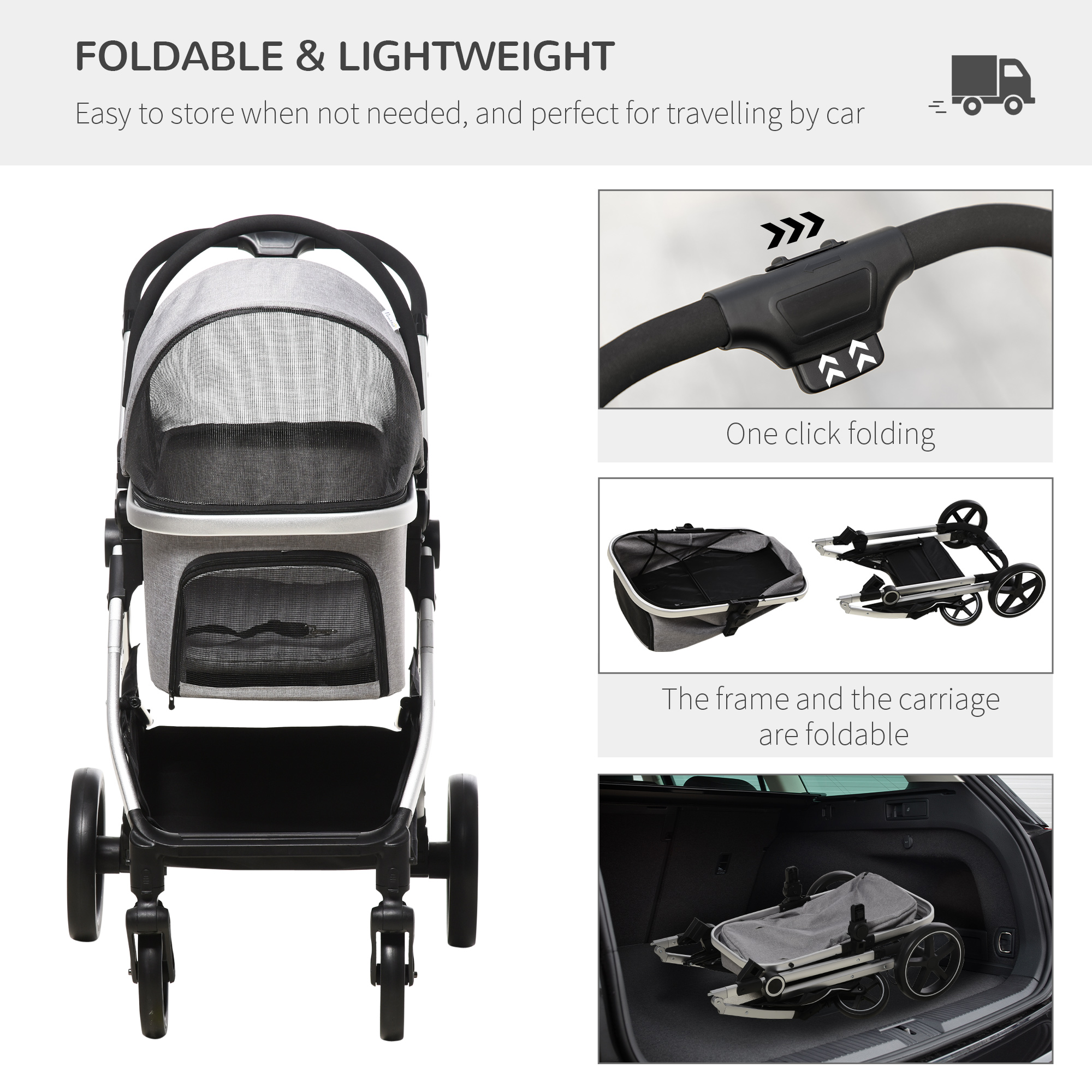 PawHut Pet Stroller, 3-In-1 Foldable Dog Cat Travel Pushchair, Car Seat with EVA Wheels, Basket, Safety Leash, Cushion, Light Grey