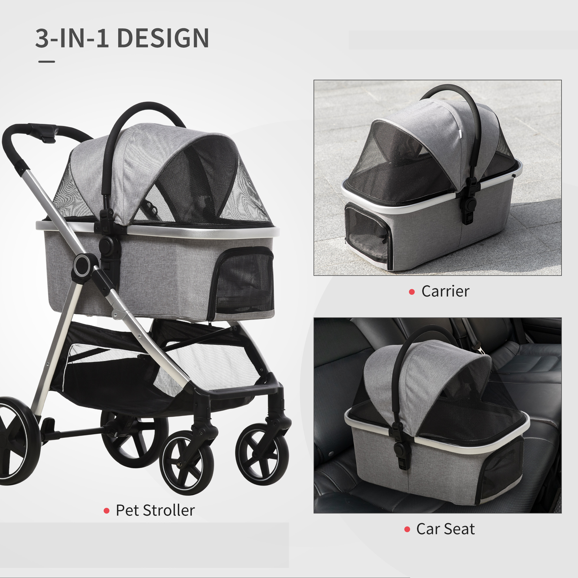 PawHut Pet Stroller, 3-In-1 Foldable Dog Cat Travel Pushchair, Car Seat with EVA Wheels, Basket, Safety Leash, Cushion, Light Grey