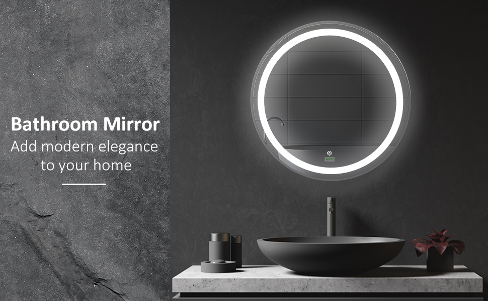 kleankin Round LED Bathroom Mirror, Dimmable Lighted WallMounted