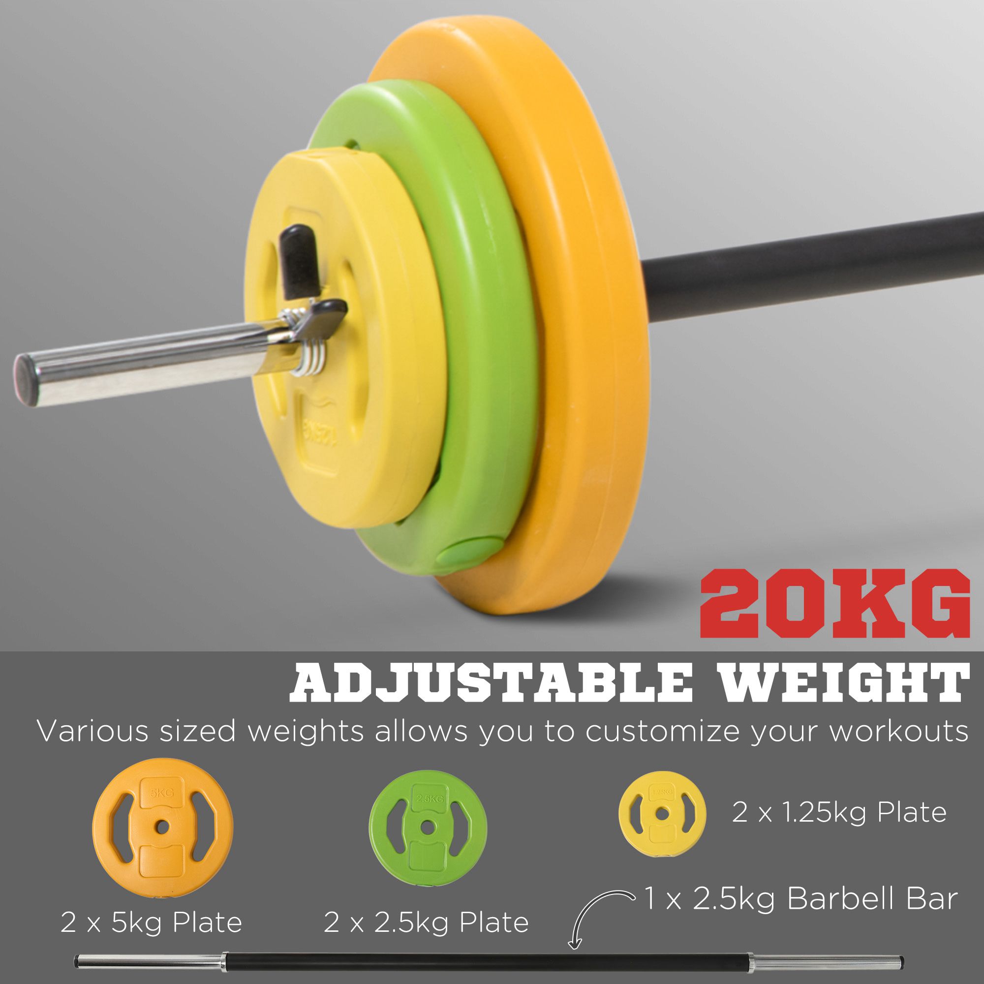 HOMCOM 20kg Barbell Weights Set, Adjustable Body Pump Weights with Non-slip Handle, for Women and Men Home Gym Strength Training