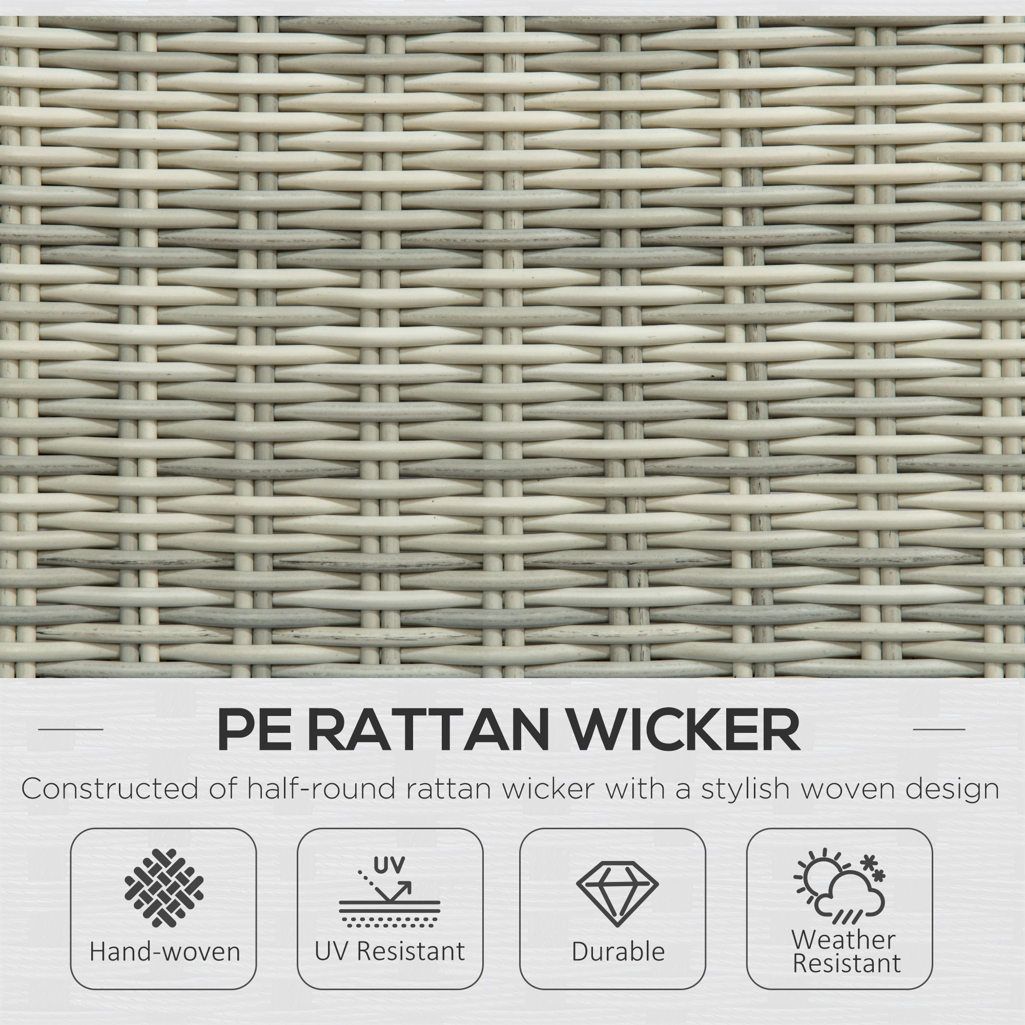 Outsunny 5 Pieces PE Rattan Sun Lounger Set, Outdoor Half-round Wicker Recliner Sofa Bed with Glass Top Two-tier Table and Footstools, Mixed Grey