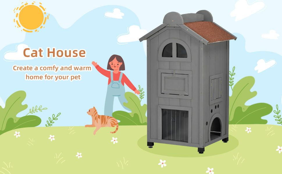 PawHut Solid Wood Cat Condos Natural Water Proof Outdoor 2Floor Pet
