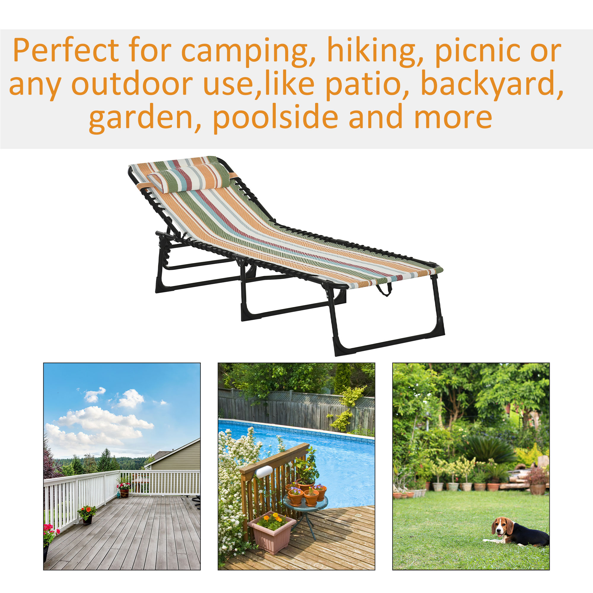 Outsunny Folding Sun Lounger, Multicoloured Beach Chaise Chair, Garden Reclining Cot, 4 Position Adjustable, Camping Hiking Recliner