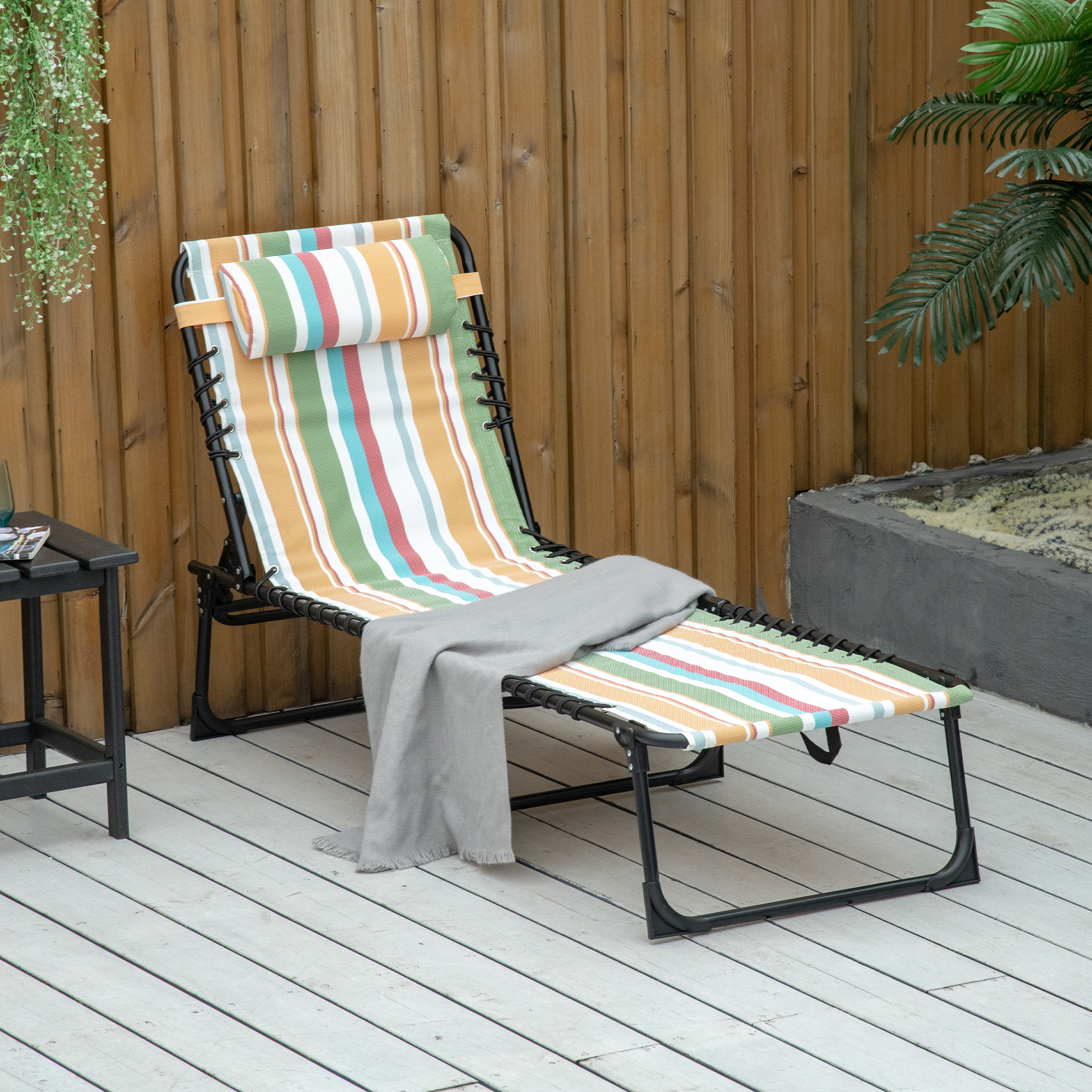 Outsunny Folding Sun Lounger, Multicoloured Beach Chaise Chair, Garden Reclining Cot, 4 Position Adjustable, Camping Hiking Recliner