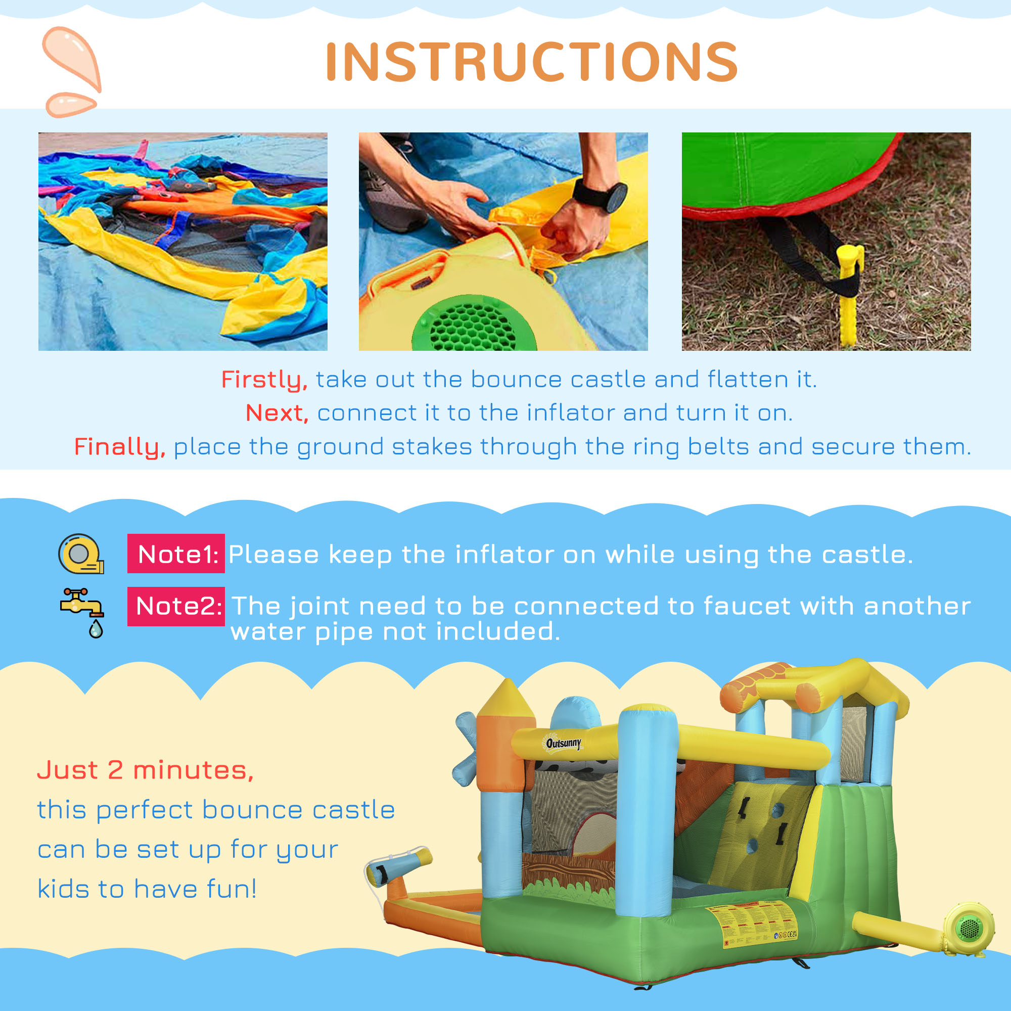 Outsunny 5 in 1 Kids Bounce Castle Farm Style Inflatable House with Slide Trampoline Pool Water Cannon Climbing Wall Inflator Carry bag for Ages 3-8