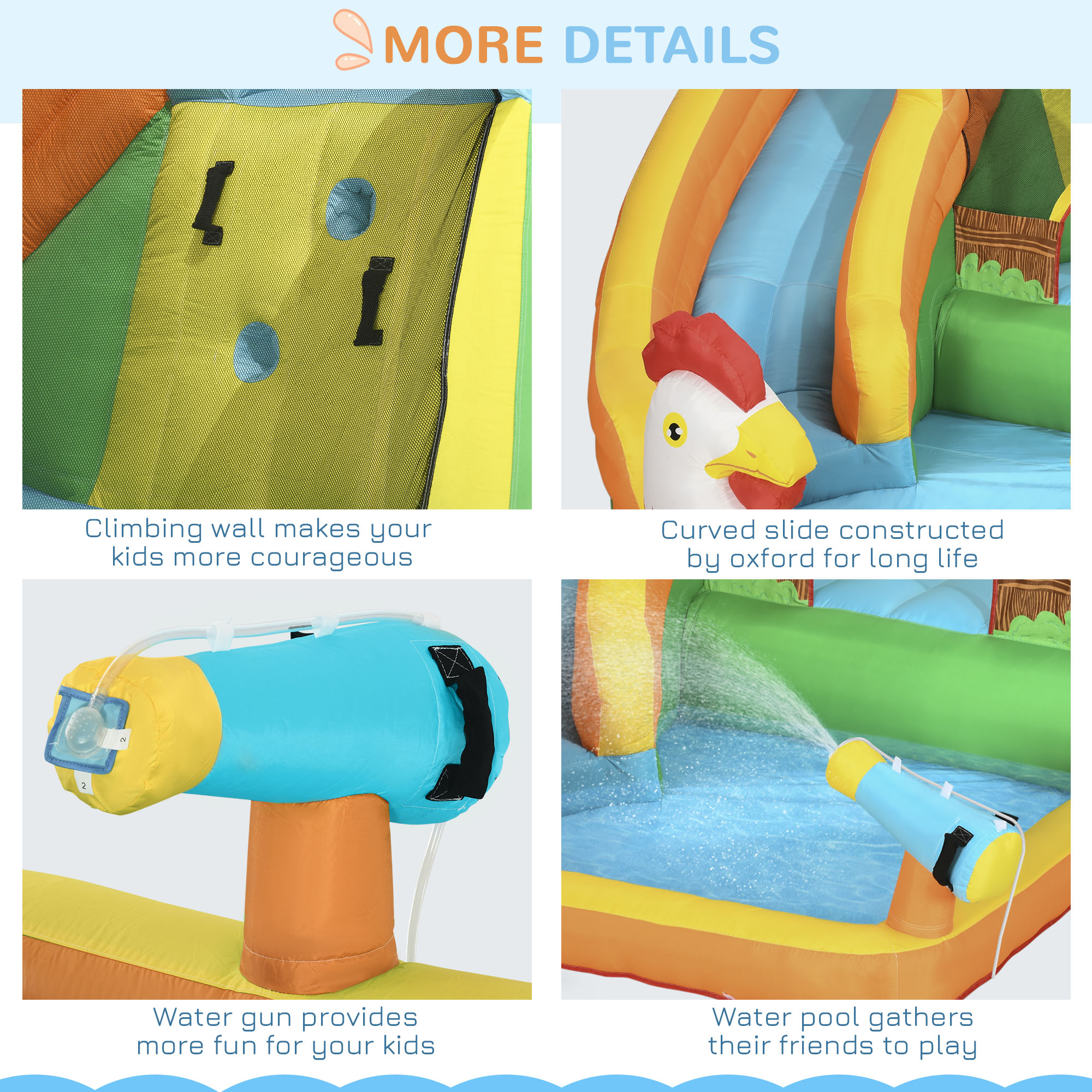 Outsunny 5 in 1 Kids Bounce Castle Farm Style Inflatable House with Slide Trampoline Pool Water Cannon Climbing Wall Inflator Carry bag for Ages 3-8