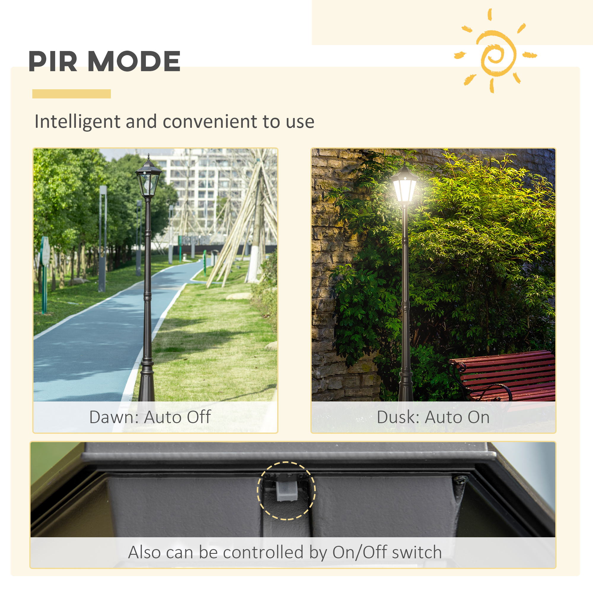 Outsunny Garden Lamp Post Light 2.4 m, LED Solar Powered with Aluminium Frame, PIR Motion Sensor, Black