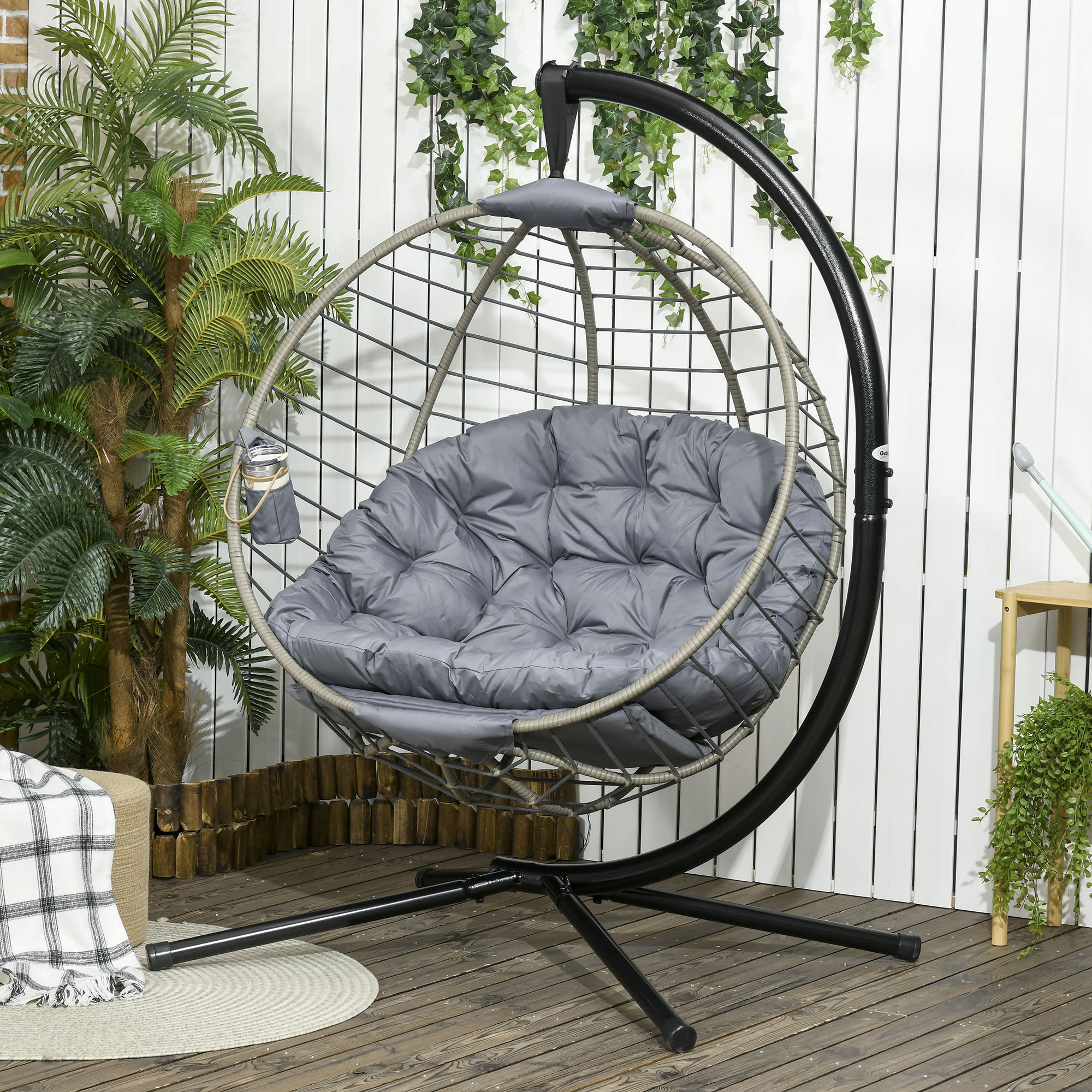 Outsunny Rattan Swing Chair, Outdoor Hanging Chair with Stand, Padded Cushion, Foldable, Cup Holder, Grey