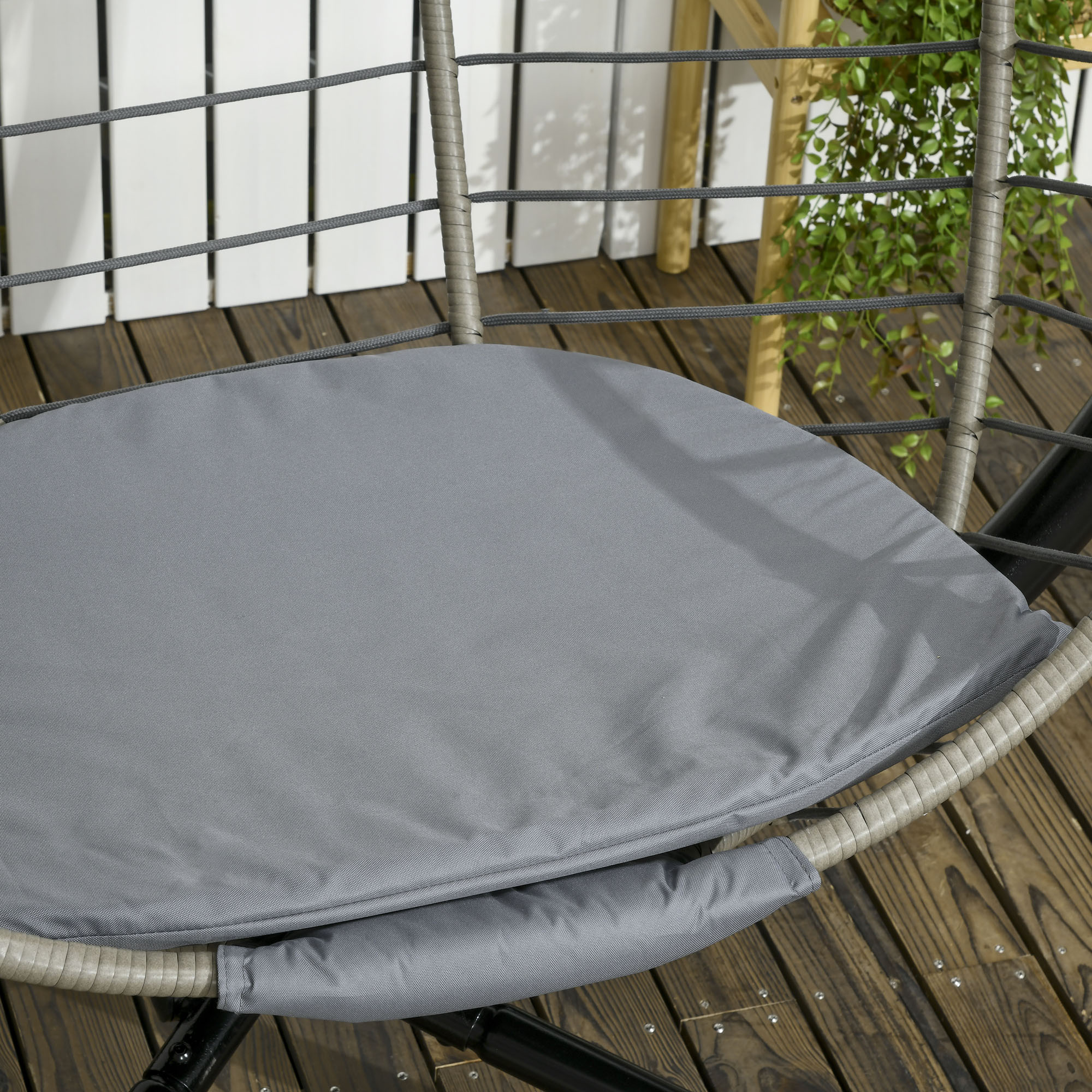 Outsunny Rattan Swing Chair, Outdoor Hanging Chair with Stand, Padded Cushion, Foldable, Cup Holder, Grey