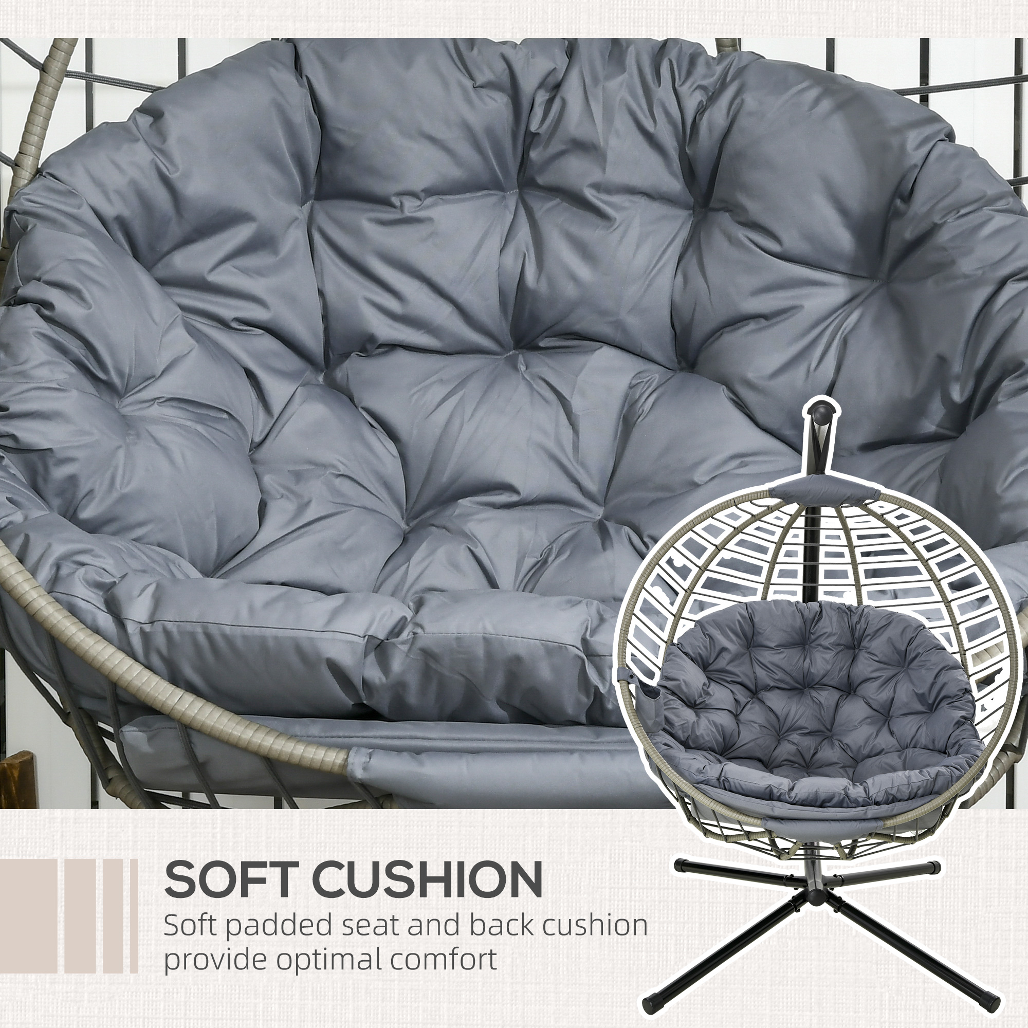 Outsunny Rattan Swing Chair, Outdoor Hanging Chair with Stand, Padded Cushion, Foldable, Cup Holder, Grey
