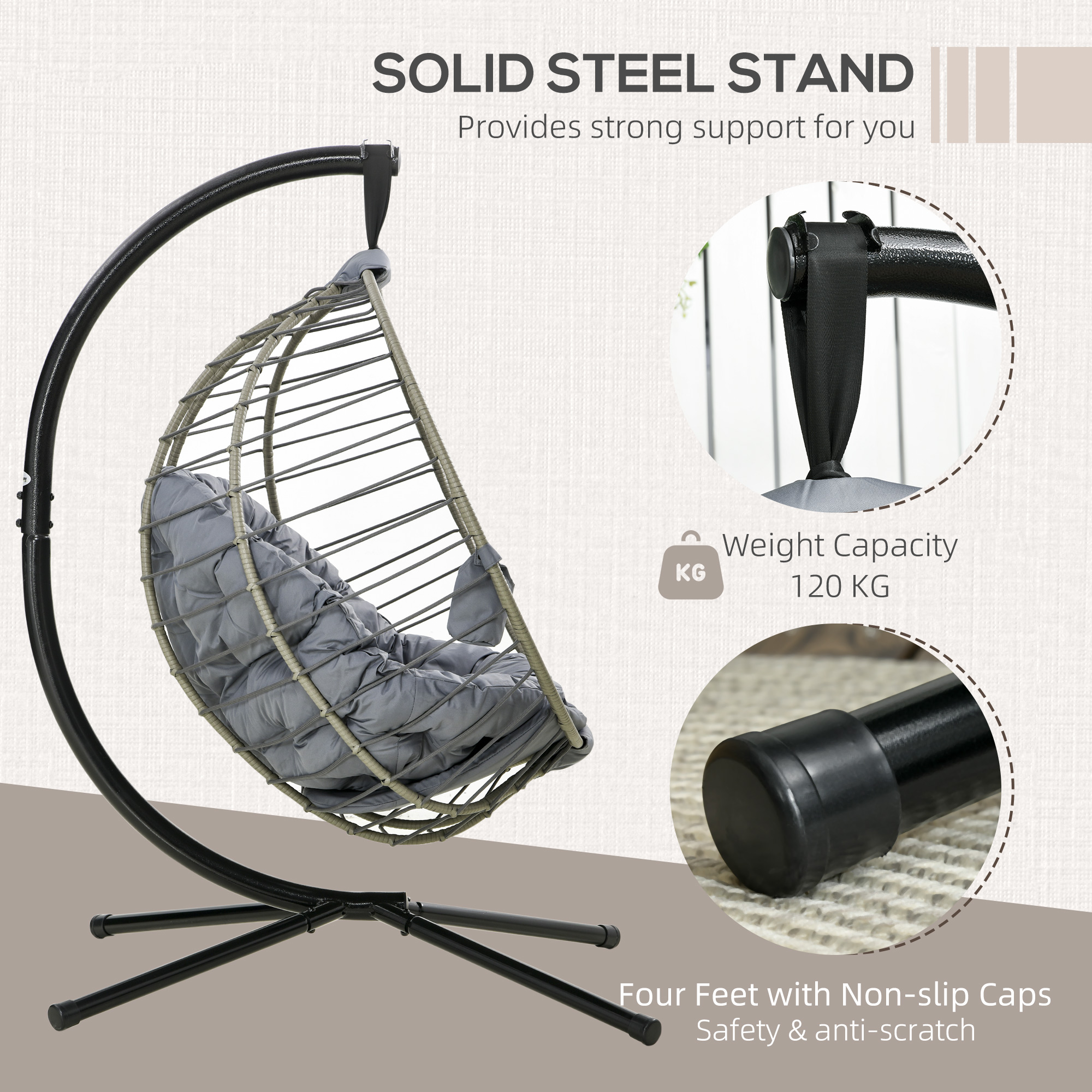 Outsunny Rattan Swing Chair, Outdoor Hanging Chair with Stand, Padded Cushion, Foldable, Cup Holder, Grey