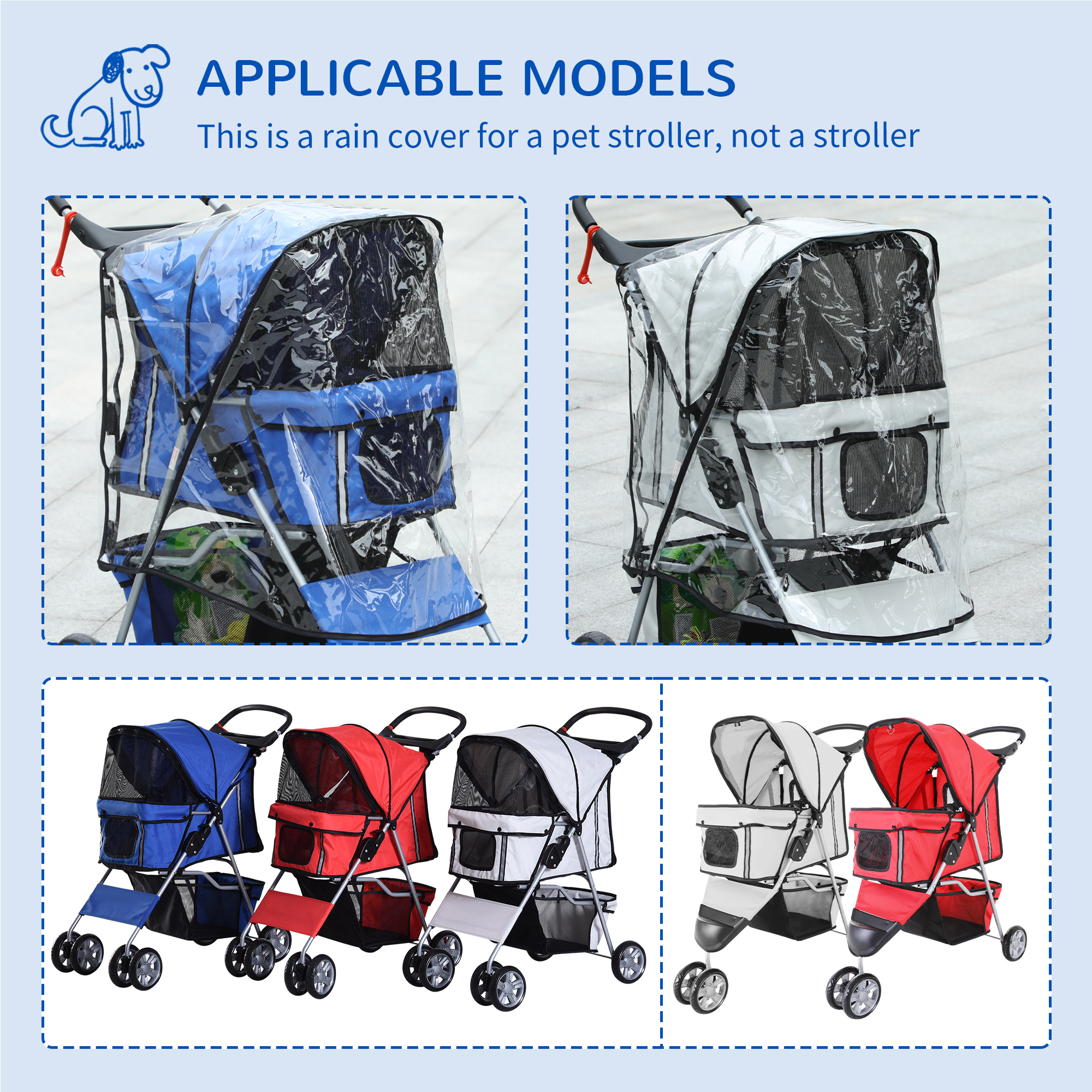 PawHut Dog Stroller Rain Cover, Protective Cover for Pet Pram Buggy with Rear Side Entry, Grey