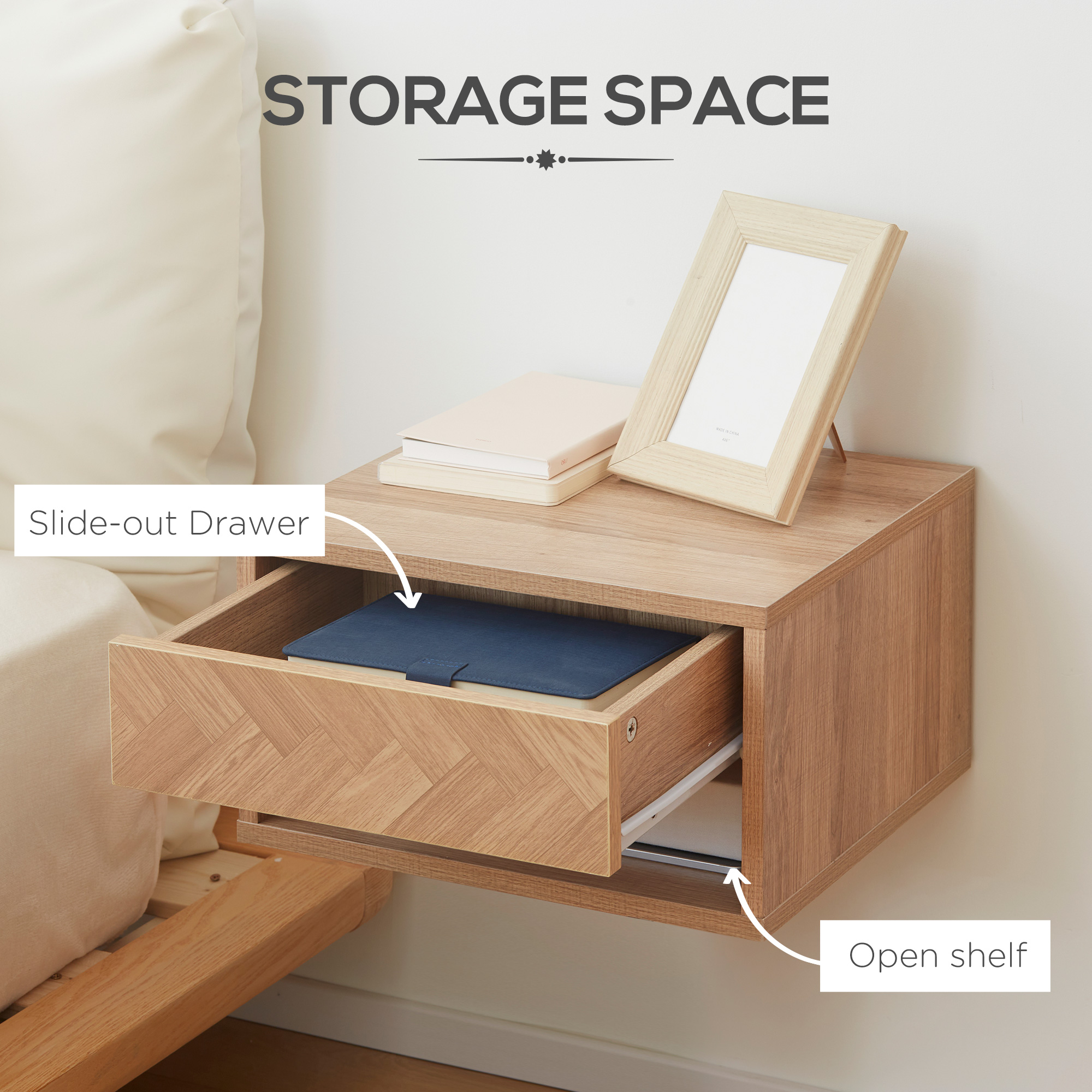 HOMCOM Set of 2 Bedside Tables, Wall Mounted Nightstand with Drawer and Shelf, Compact Bedroom Furniture, 37 x 32 x 21cm, Natural