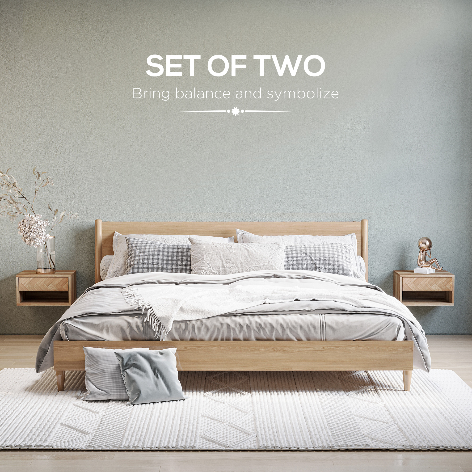 HOMCOM Set of 2 Bedside Tables, Wall Mounted Nightstand with Drawer and Shelf, Compact Bedroom Furniture, 37 x 32 x 21cm, Natural