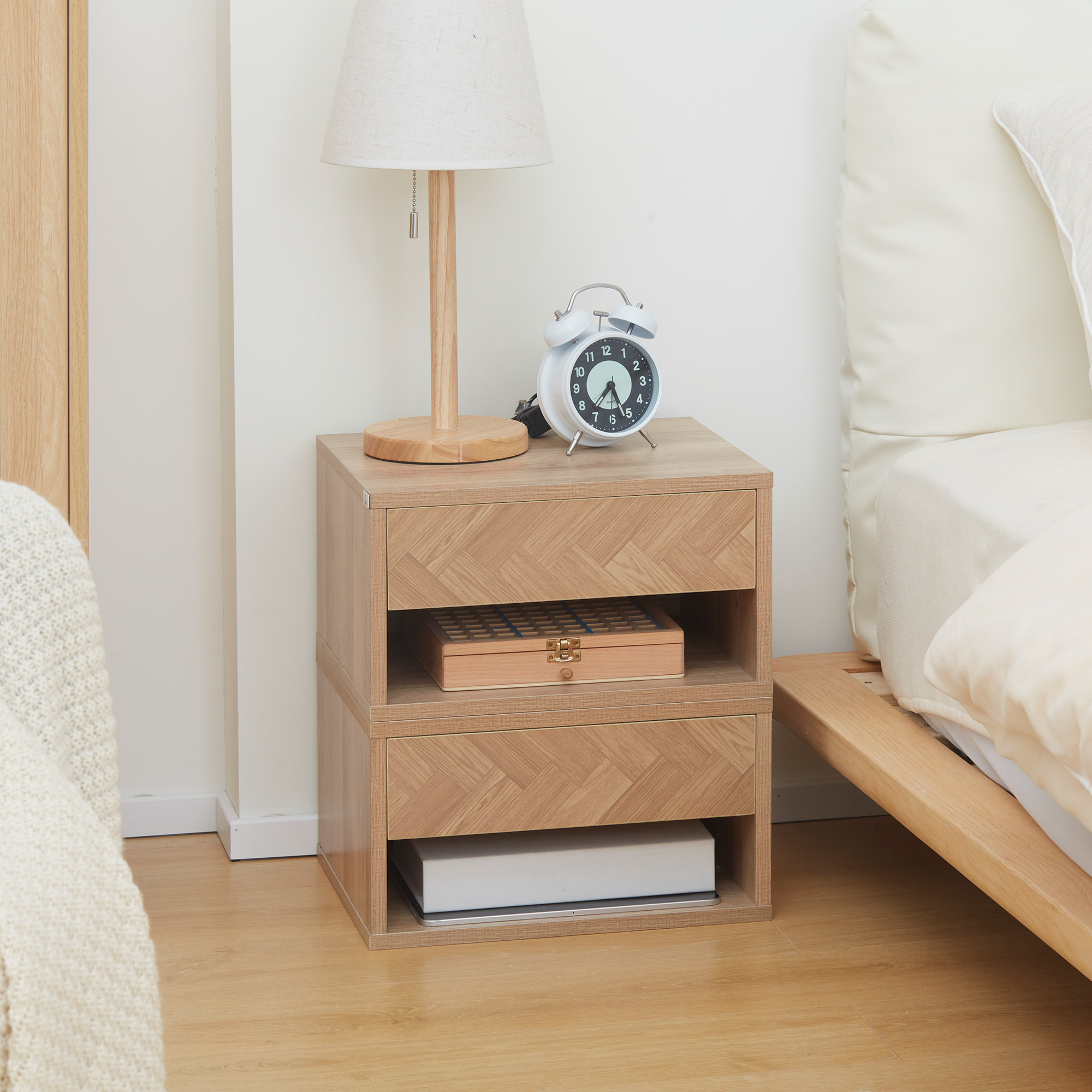 HOMCOM Set of 2 Bedside Tables, Wall Mounted Nightstand with Drawer and Shelf, Compact Bedroom Furniture, 37 x 32 x 21cm, Natural