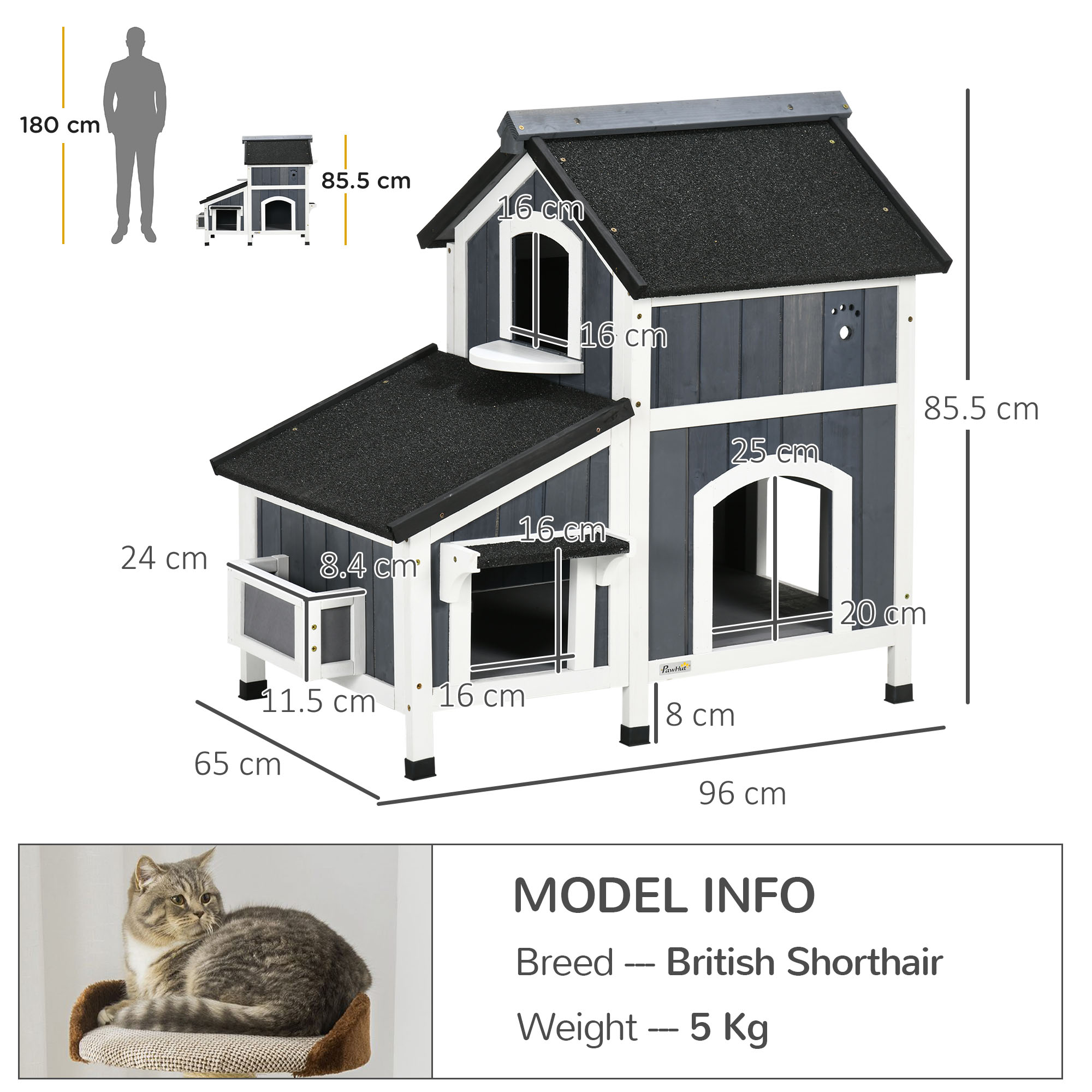 PawHutÂ WoodenÂ CatÂ HouseÂ OutdoorÂ with Flower Pot, 2 Tiers CatÂ ShelterÂ withÂ Window, MultipleÂ Entrances, Water-resistantÂ Roof, Grey