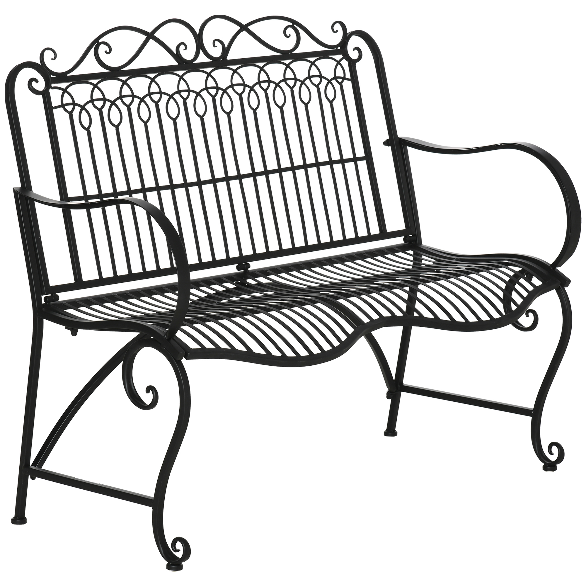 Outsunny Banco de Jardín de 2 Plazas 110x60x97 cm Banco de Exterior de Metal con Respaldo Decorativo y Reposabrazos para Terraza Carga 200 kg Negro